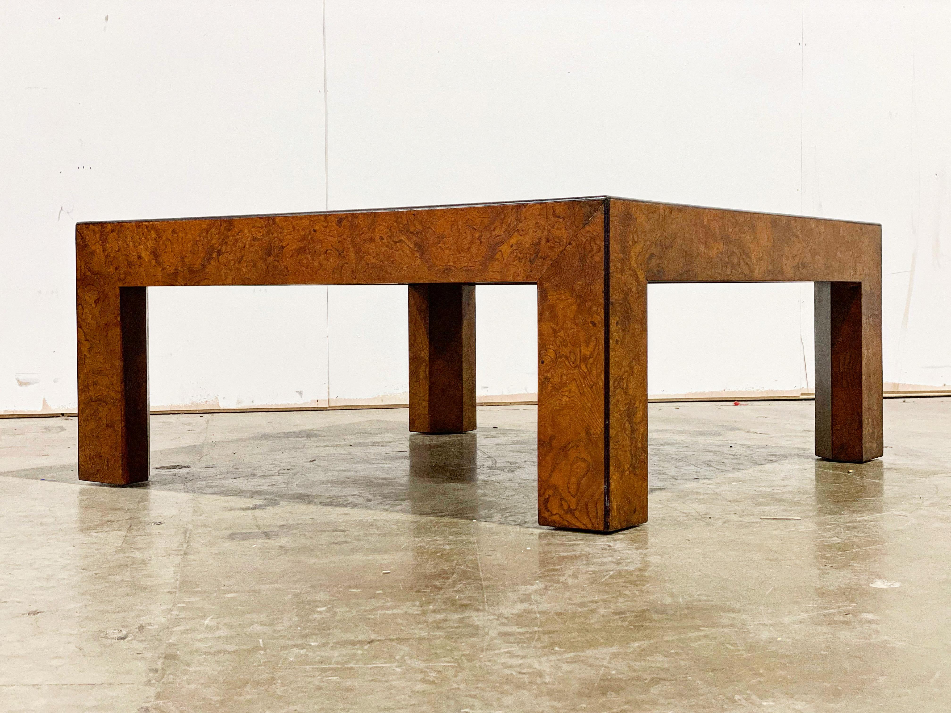 Parsons style burled olive wood coffee table by John Widdicomb. Excellent restored condition.