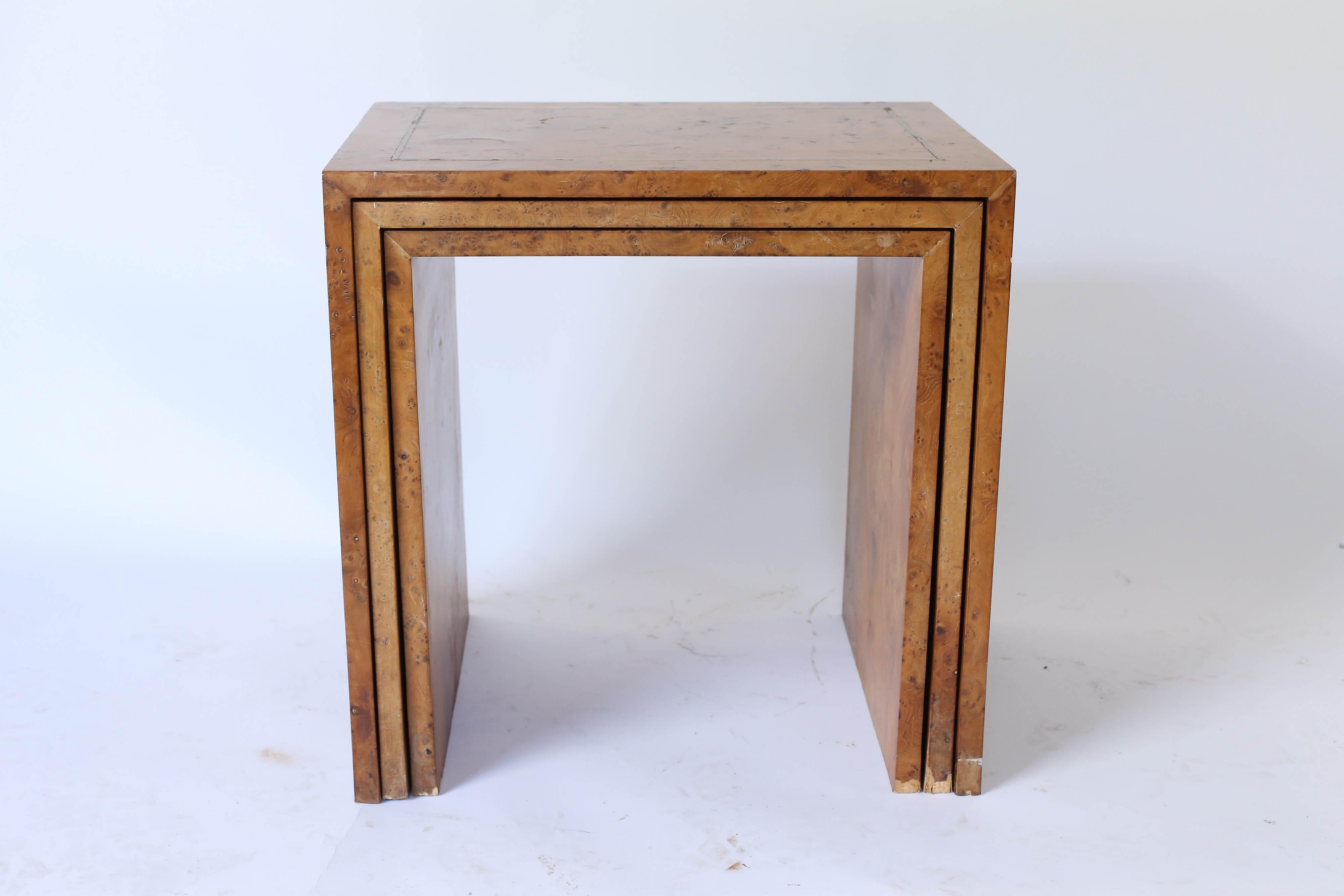 American Midcentury Burl Wood Nesting Tables with Brass Inlay