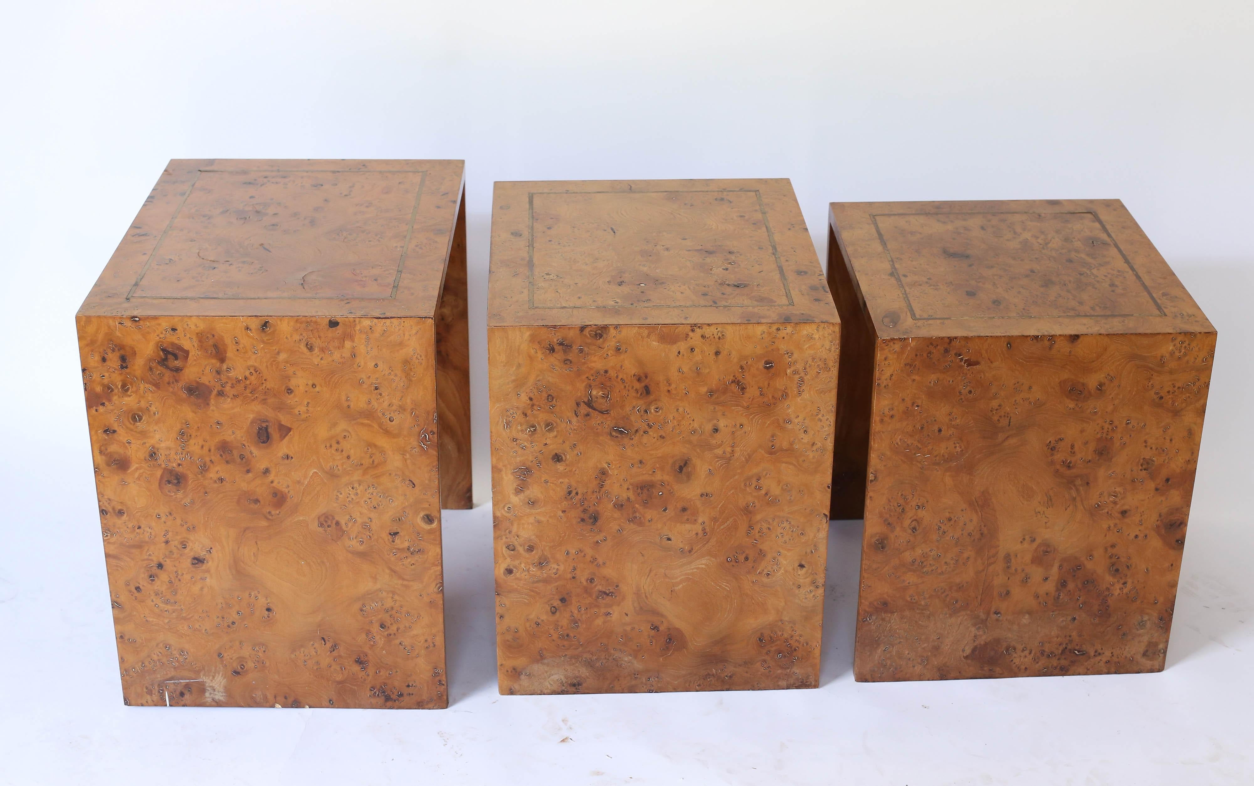 Midcentury Burl Wood Nesting Tables with Brass Inlay In Good Condition In Houston, TX