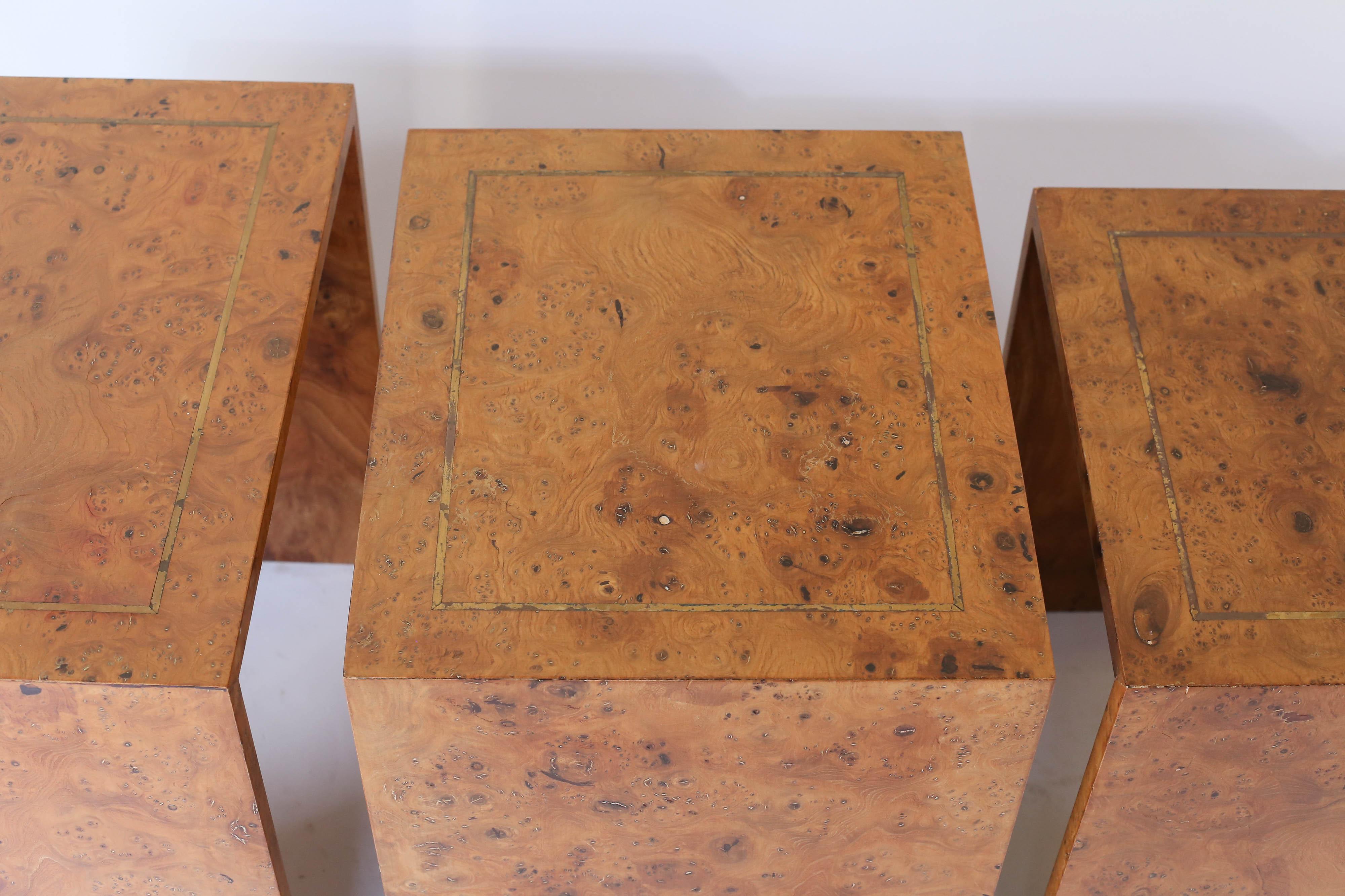 20th Century Midcentury Burl Wood Nesting Tables with Brass Inlay