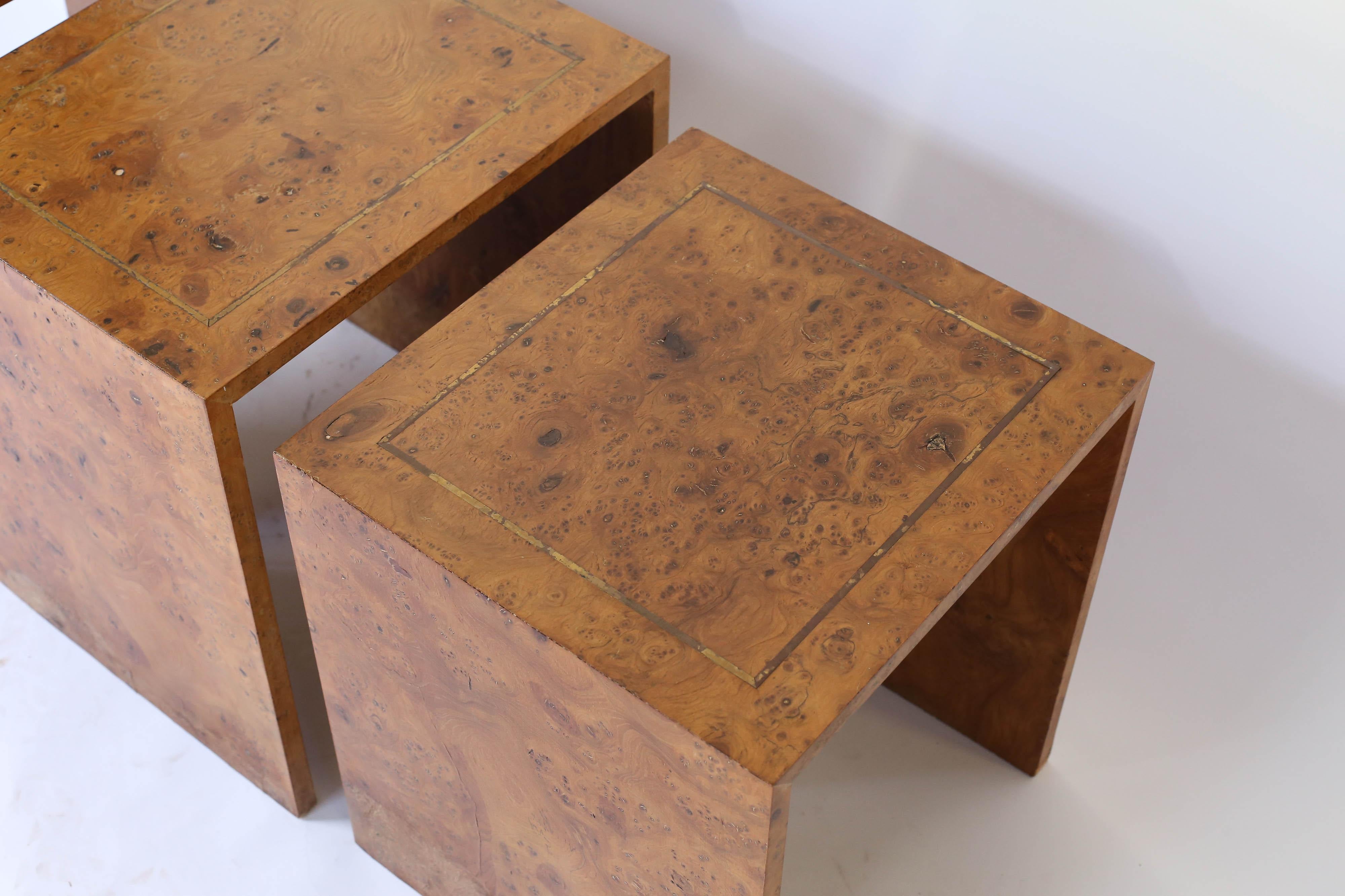 Midcentury Burl Wood Nesting Tables with Brass Inlay 1