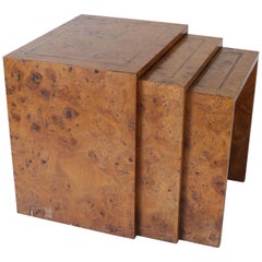 Midcentury Burl Wood Nesting Tables with Brass Inlay
