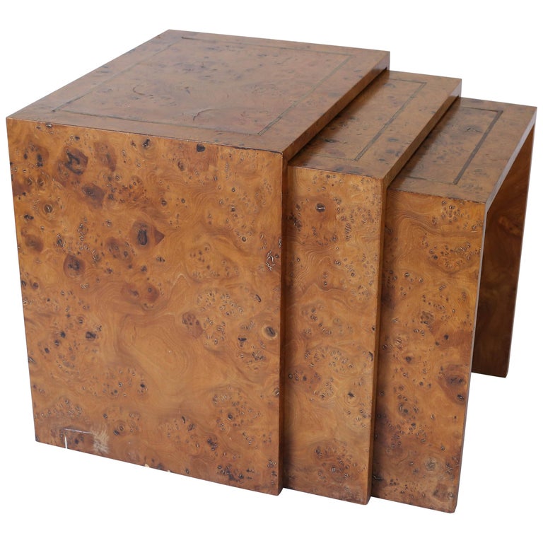 Midcentury Burl Wood Nesting Tables with Brass Inlay at 1stDibs