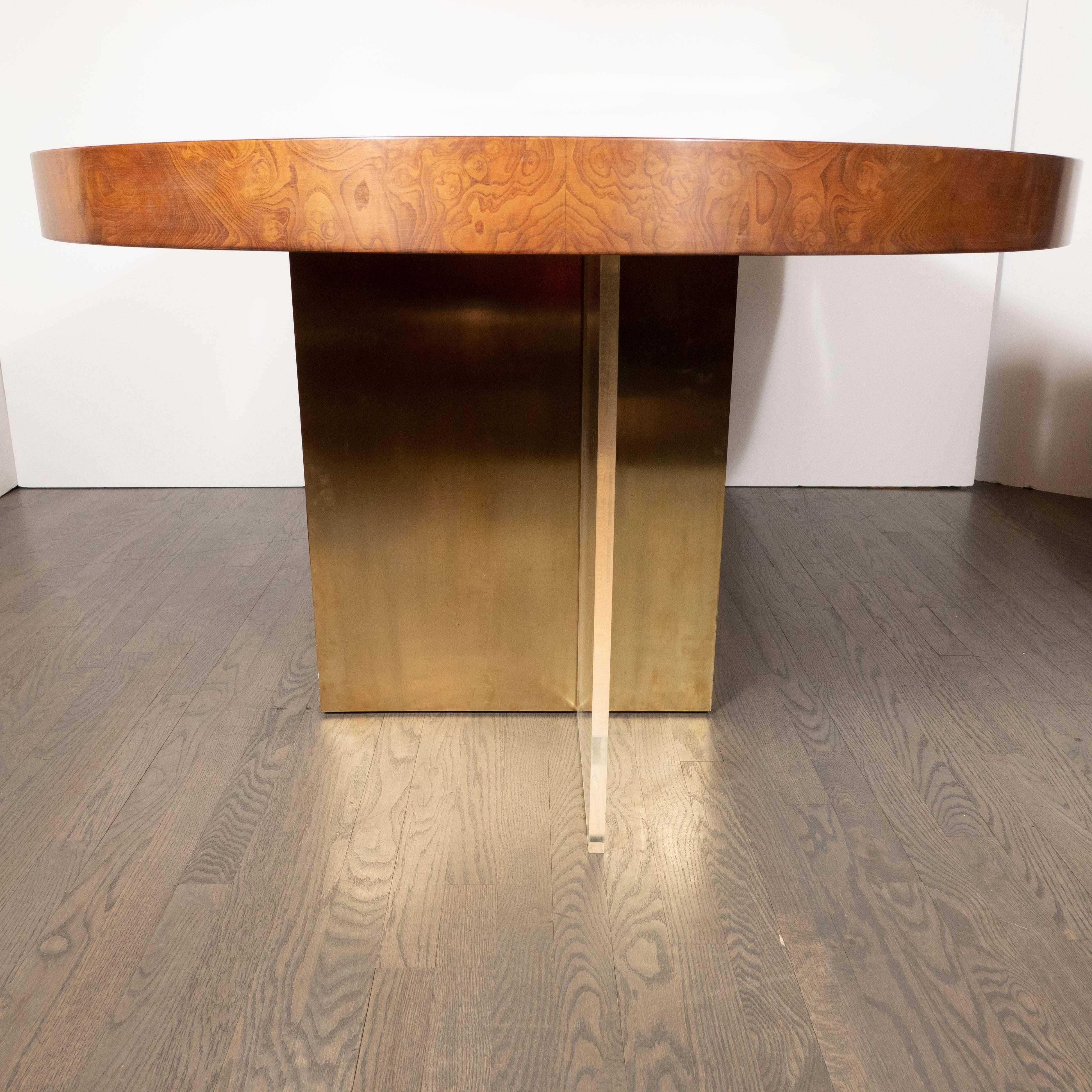 Midcentury Burled Ash, Brass and Lucite Center/Dining Table by Vladimir Kagan In Excellent Condition In New York, NY