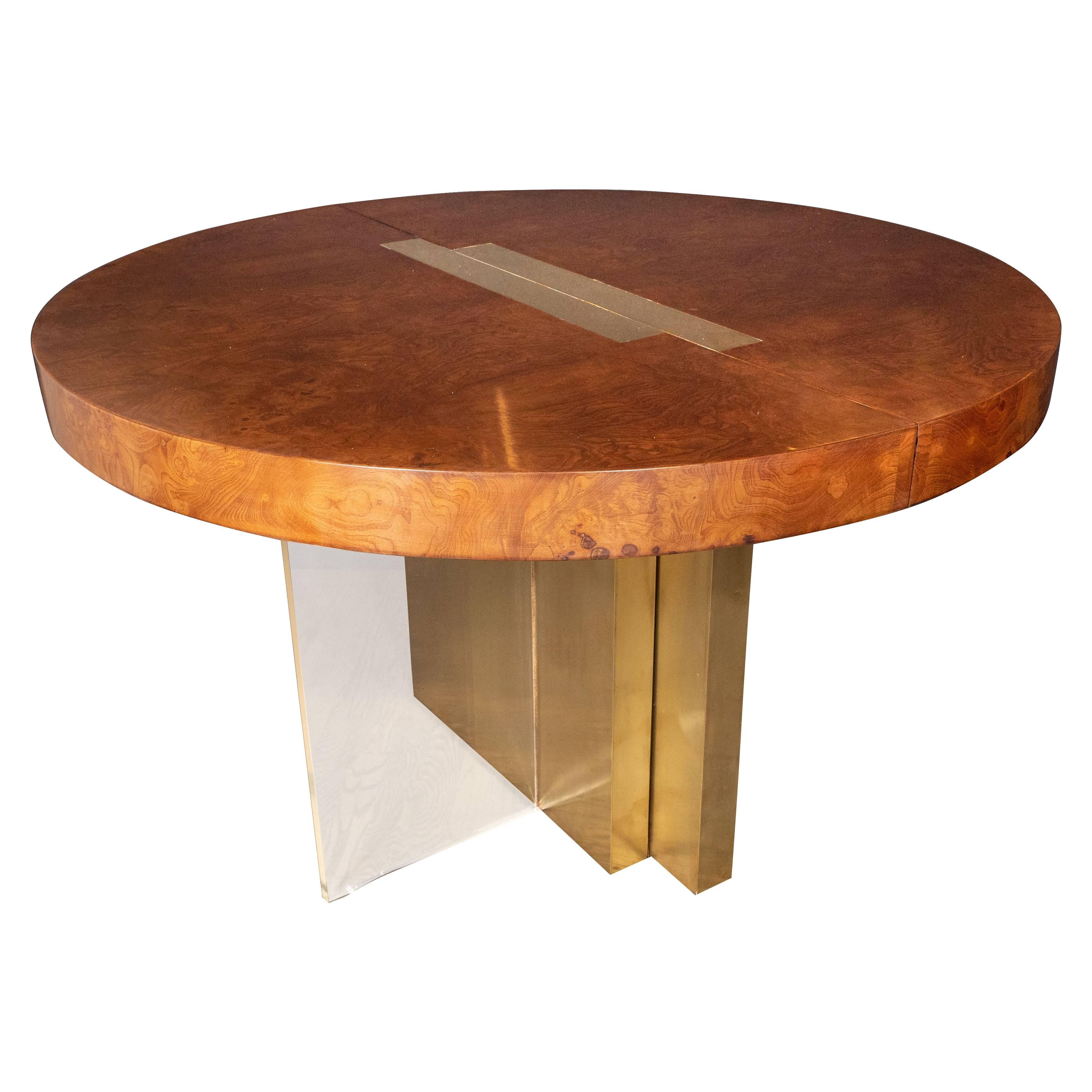 Midcentury Burled Ash, Brass and Lucite Center/Dining Table by Vladimir Kagan