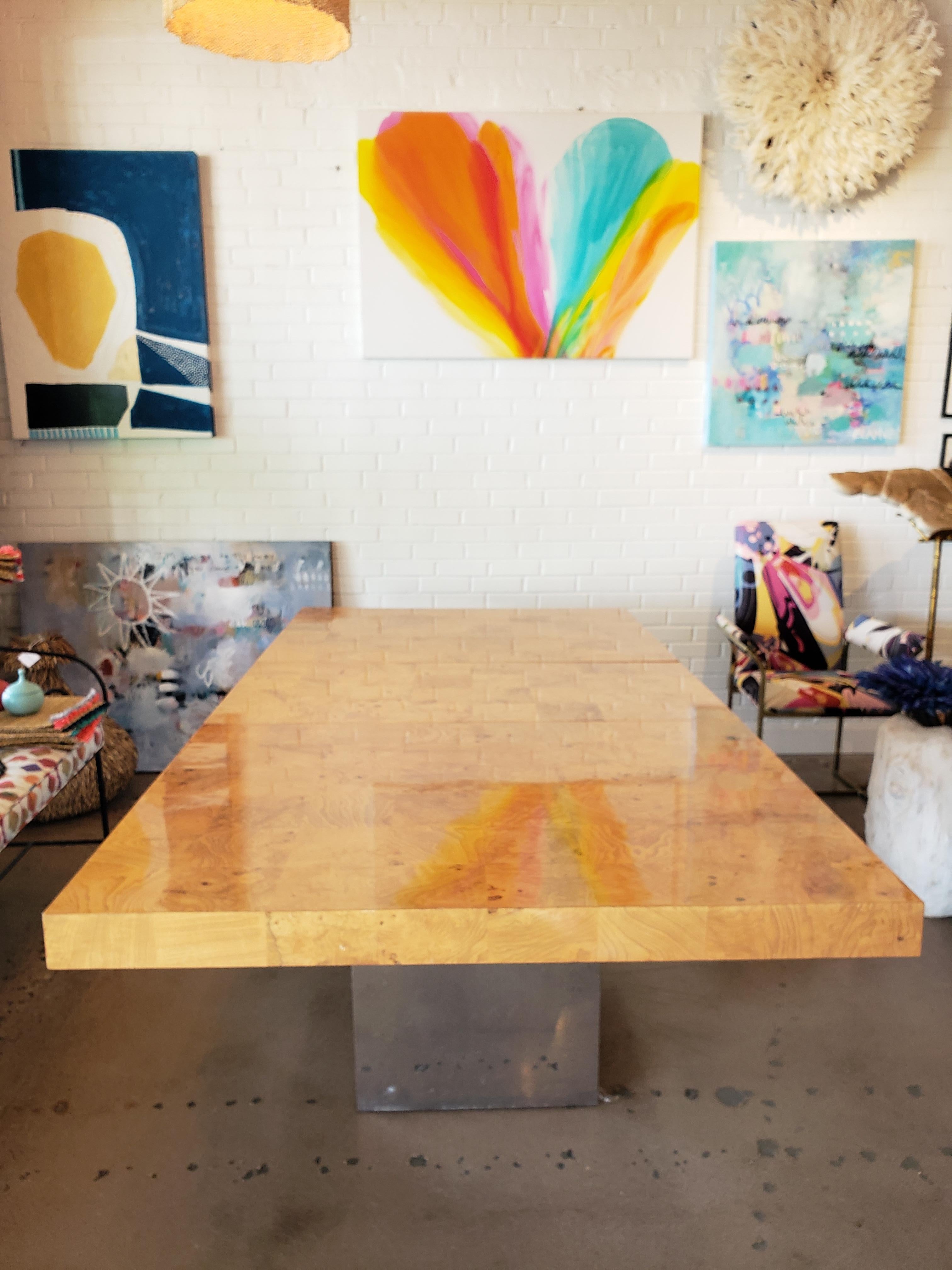 Midcentury Burlwood Dining Table with Stainless Steel Base In Good Condition For Sale In Phoenix, AZ