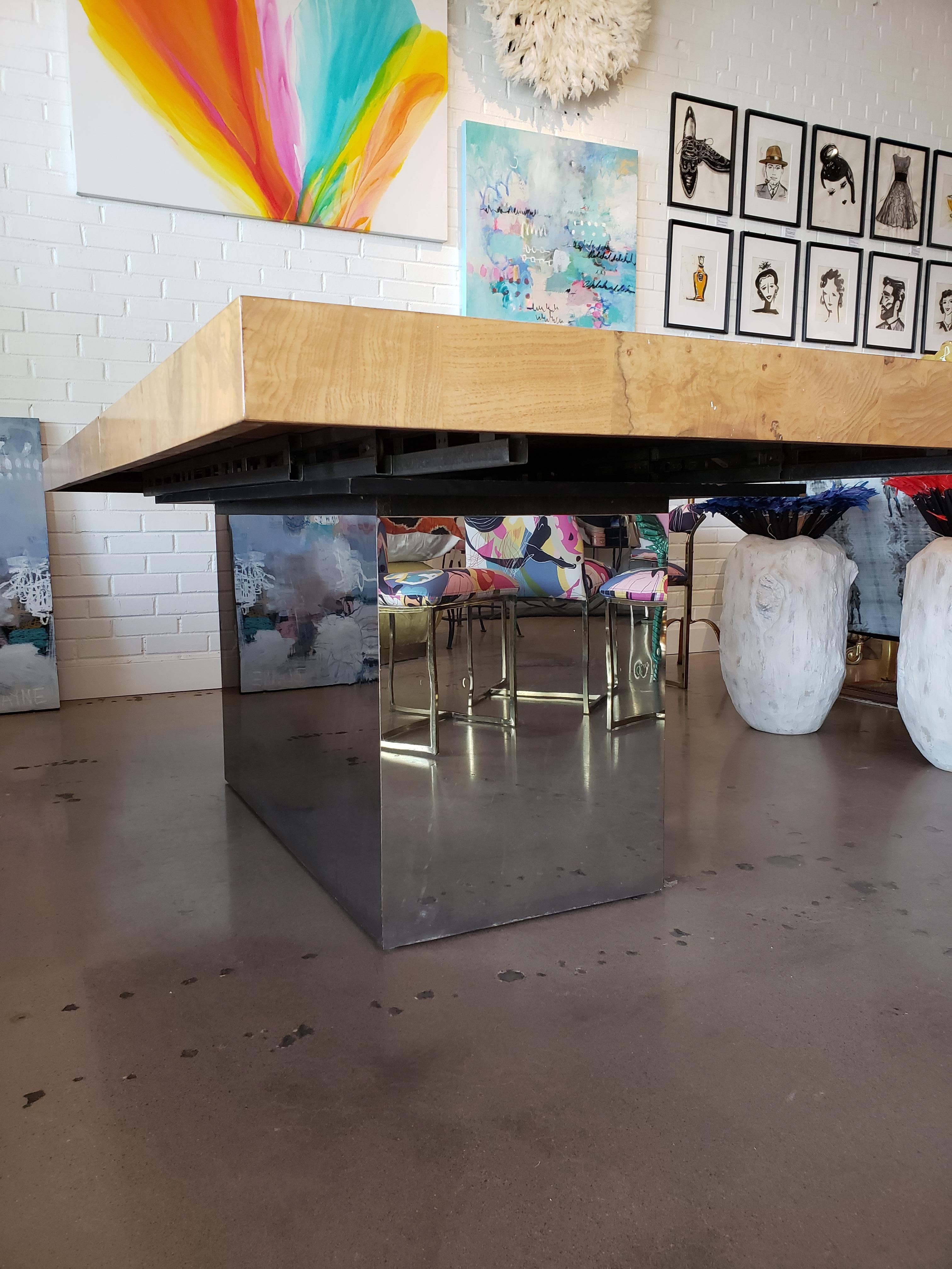 Late 20th Century Midcentury Burlwood Dining Table with Stainless Steel Base For Sale