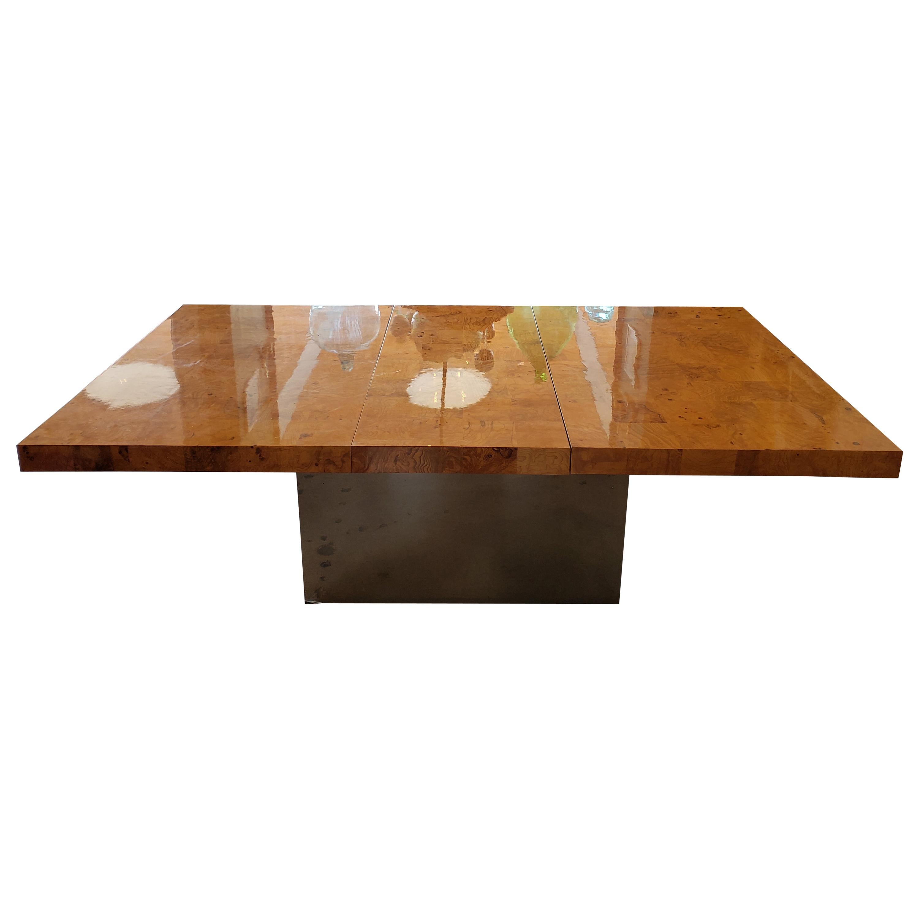 Midcentury Burlwood Dining Table with Stainless Steel Base For Sale