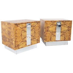 Midcentury Burl Wood Laminate Lucite and Chrome Nightstands, Pair