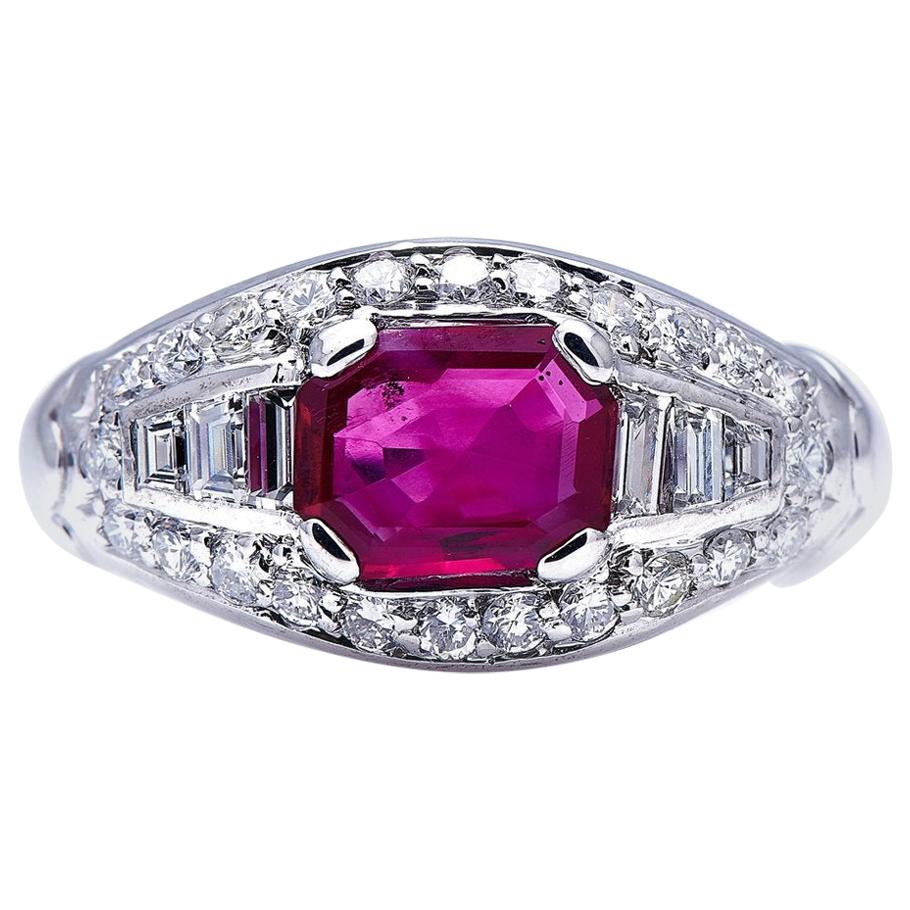 Midcentury, Burmese Ruby and Diamond Cluster Ring For Sale