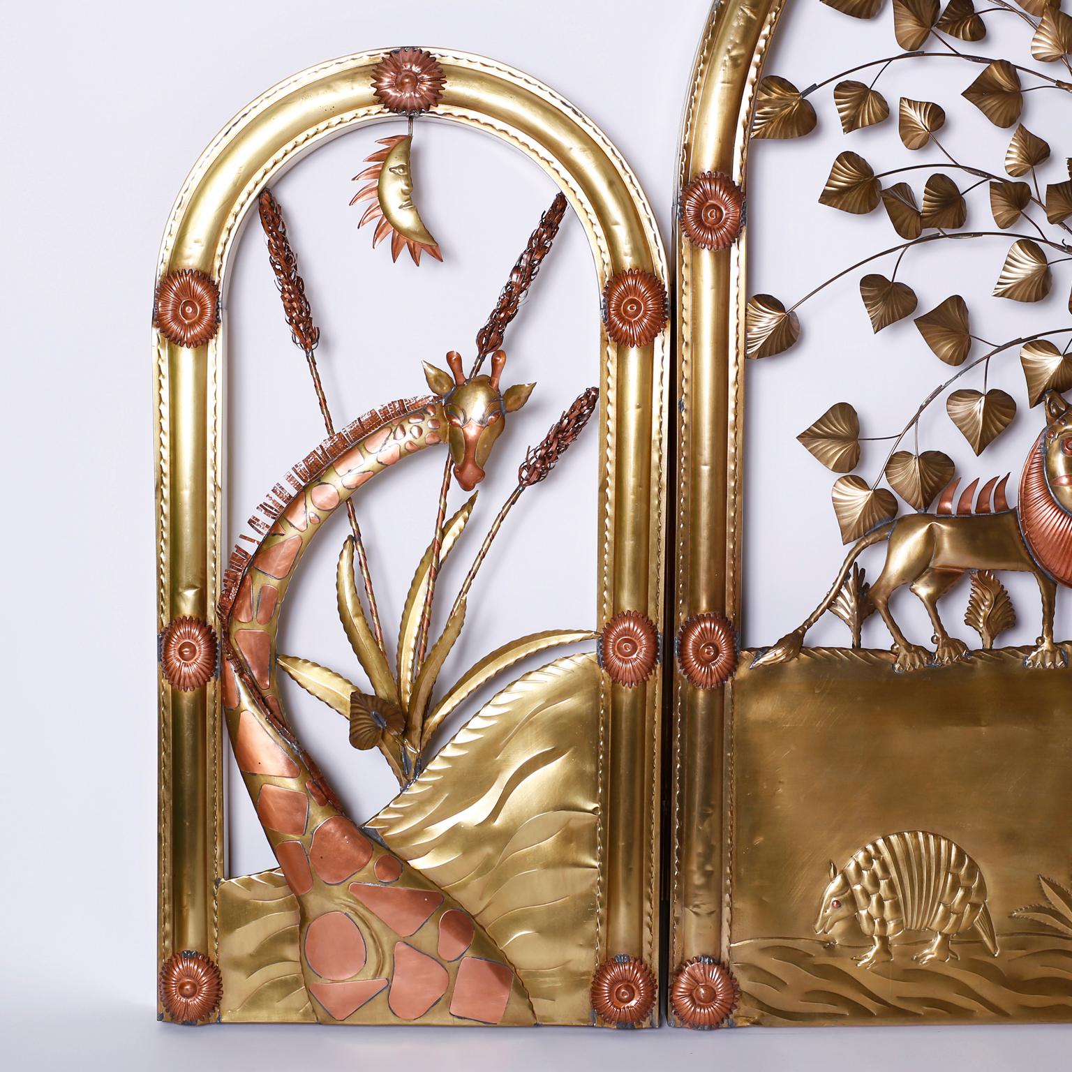 Midcentury Bustamante tree of life sculpture ambitiously handcrafted in brass and copper with a brave and amusing perspective depicting animals, plants, and insects in harmony with nature. Signed Sergio Bustamante and hand polished and lacquered for