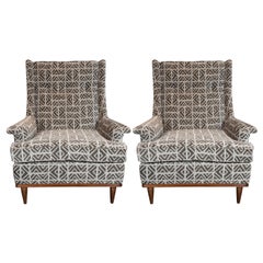 Midcentury Button Back Walnut Armchairs in Holly Hunt Great Plains Fabric