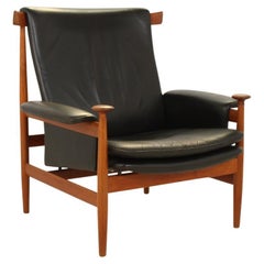 Chaise Bwana du milieu du siècle en teck et cuir d'origine, conçue par Finn Juhl