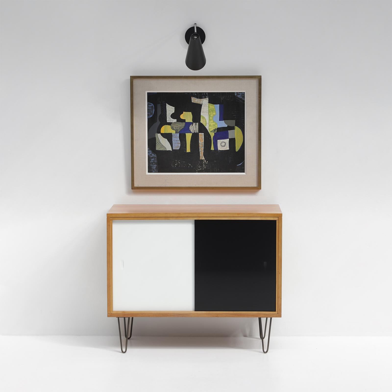 Mid-Century Cabinet with Opaline Glass Sliding Doors by Alfred Hendrickx, 1950s 3