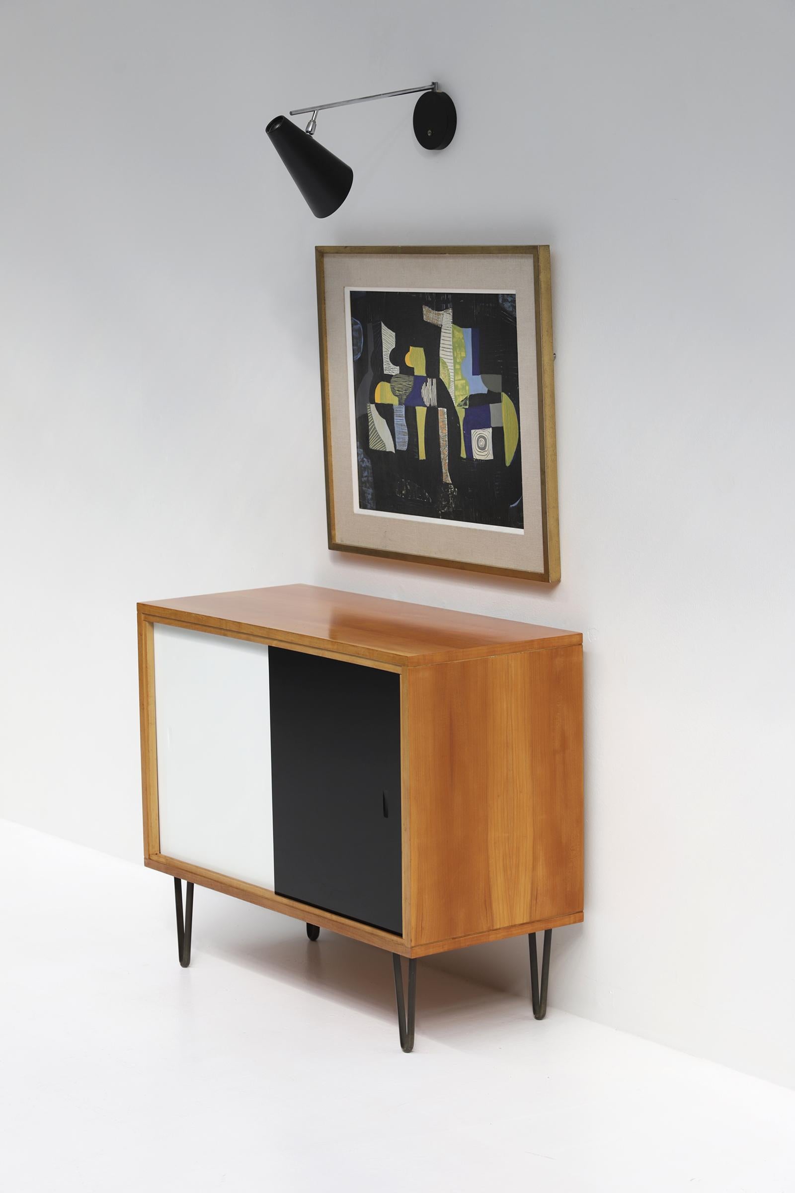 Mid-Century Modern Mid-Century Cabinet with Opaline Glass Sliding Doors by Alfred Hendrickx, 1950s