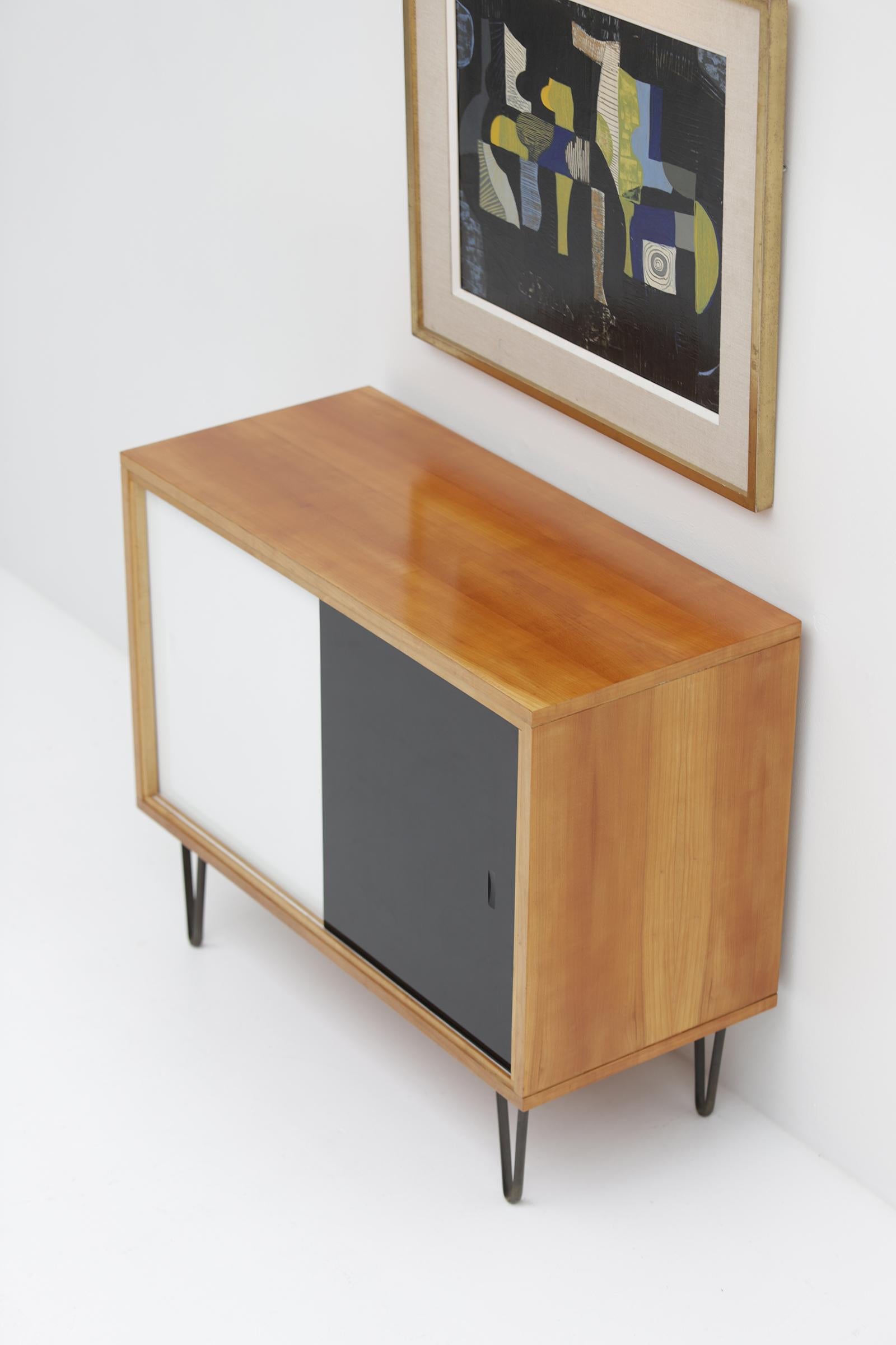 Mid-Century Cabinet with Opaline Glass Sliding Doors by Alfred Hendrickx, 1950s 2