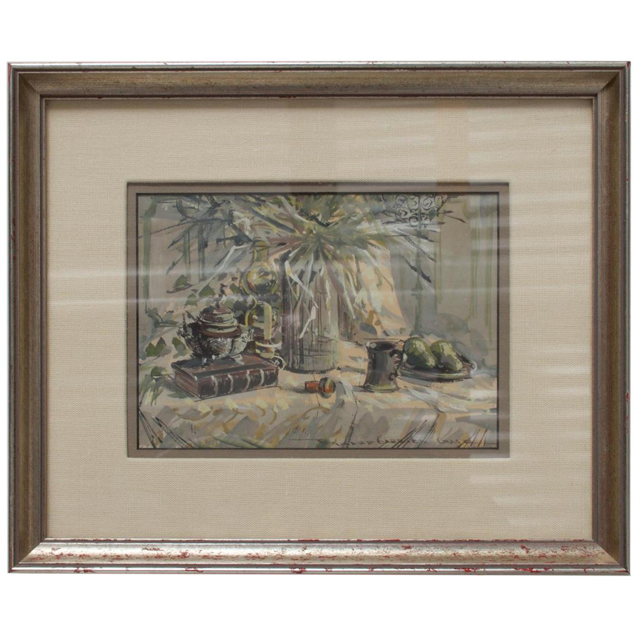 Asian Boats Vintage Original Artwork Original Signed Watercolor Painting in Mid Century Frame