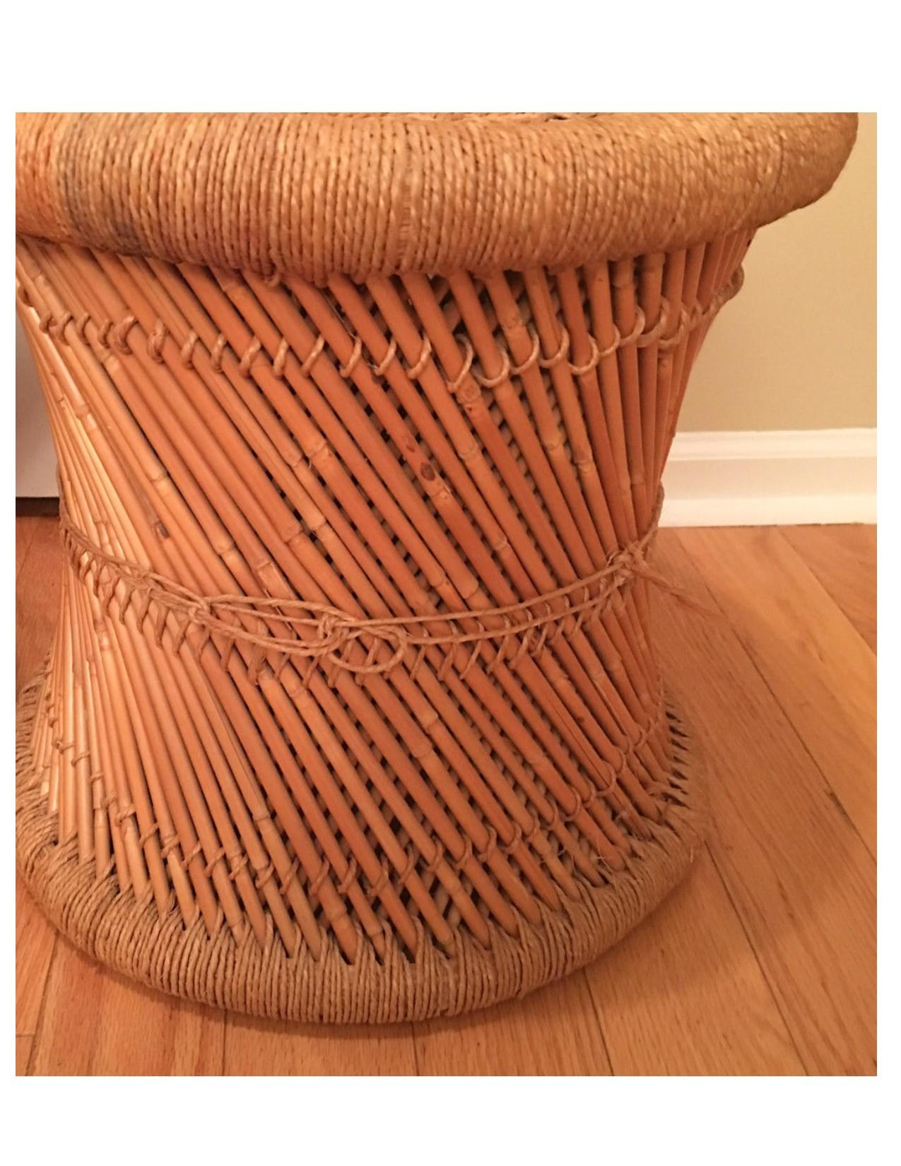 Sturdy and handsome natural reed body with woven rush top and accents stool, popularized by California craftsmen in the 1960s-1970s. Note the basket weave motif in the top woven area. With the addition of a round glass top, the stool could easily