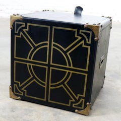 Midcentury Campaign Style Black Vinyl Covered Cube Storage Ottoman Side Table