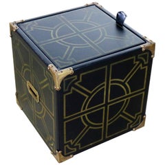 Vintage Midcentury Campaign Style Black Vinyl Covered Cube Storage Ottoman Side Table