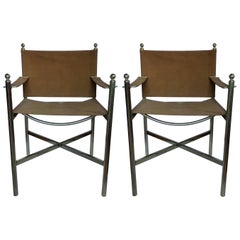 Midcentury Campaign Style Brass Chairs, Pair