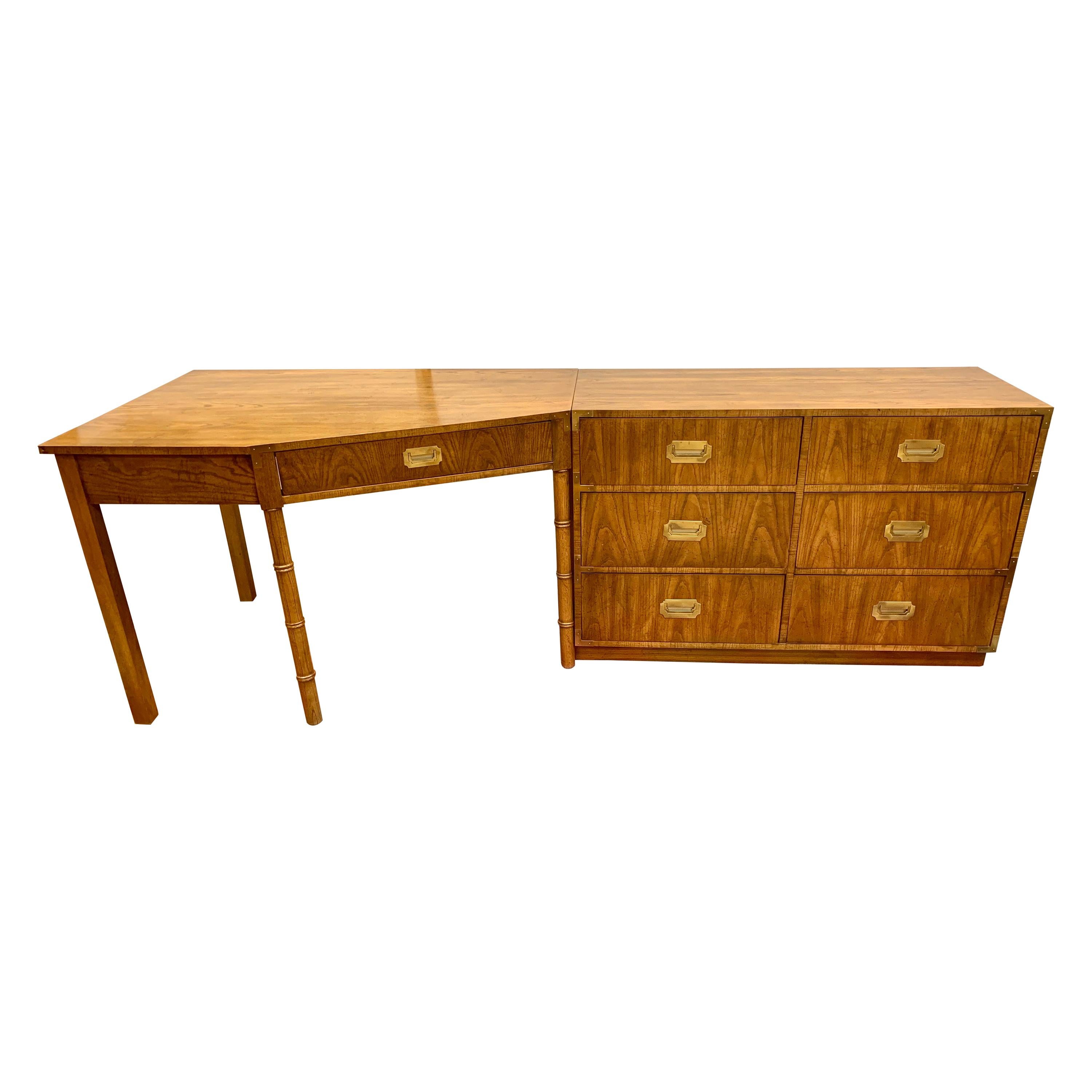 Midcentury Campaign Style Dresser and Faux Bamboo Desk 2-Piece Set