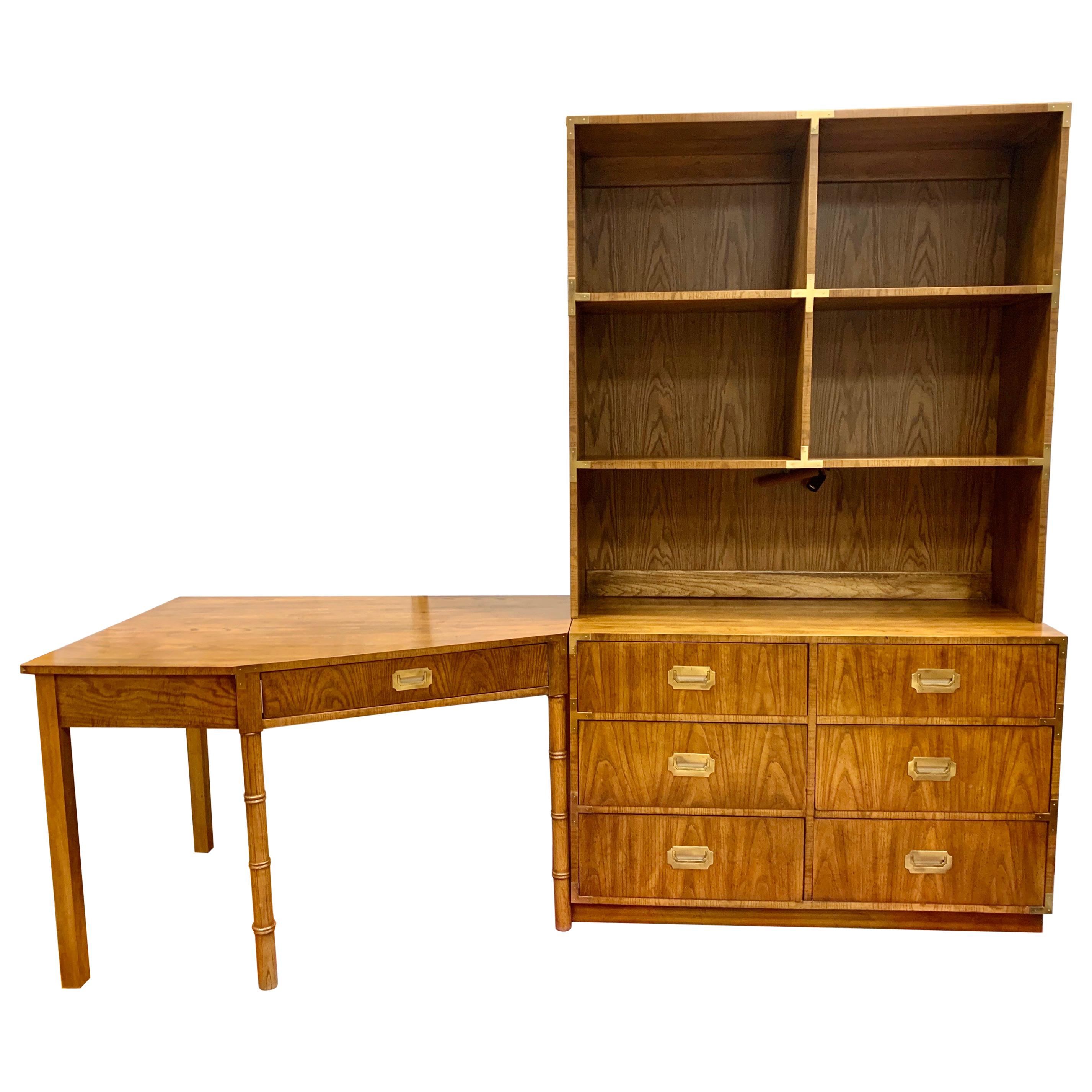 Midcentury Campaign Style Dresser, Desk and Bookshelves Unit 3-Piece Set