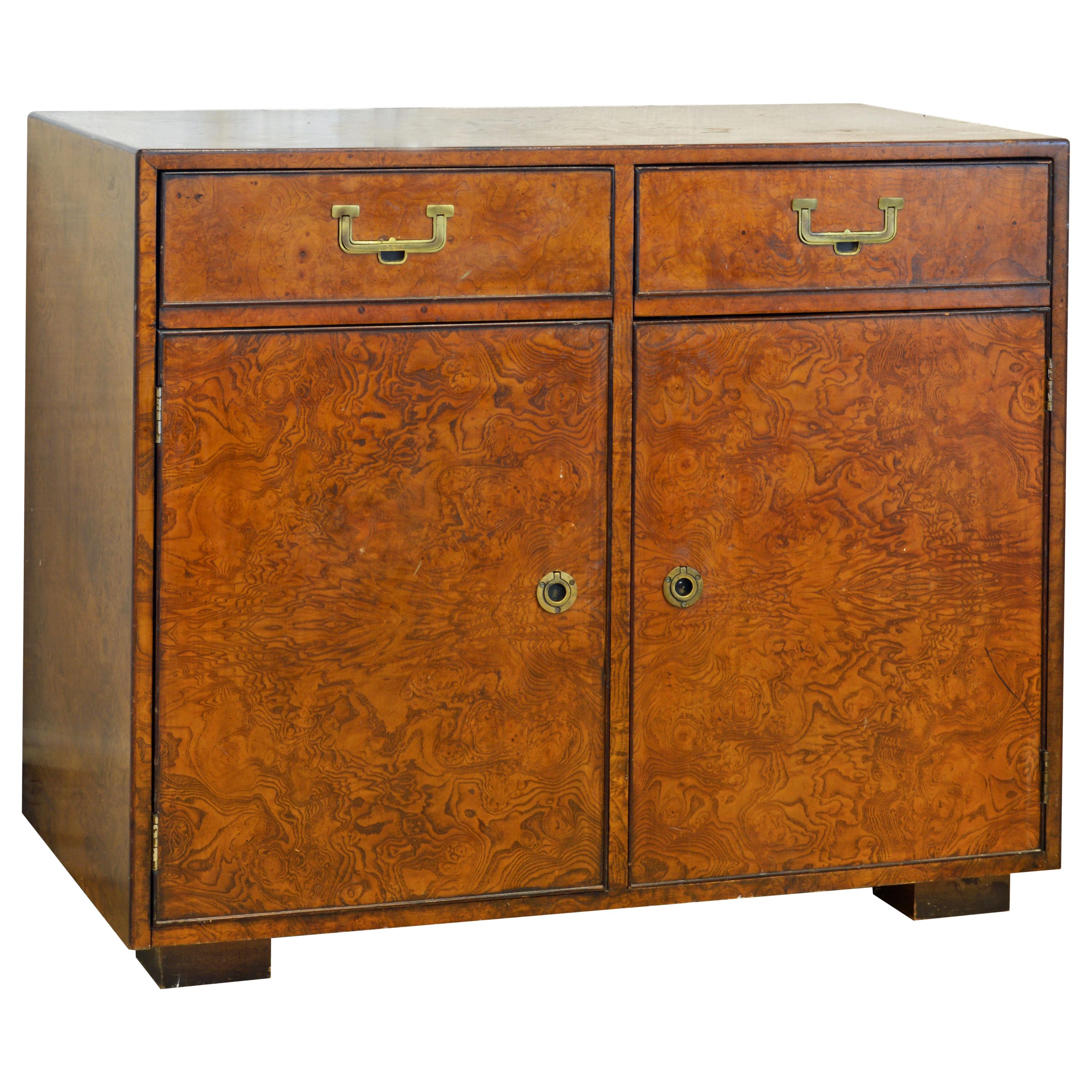 Midcentury Campaign Style Two-Drawer Burled Walnut Cabinet by John Widdicomb