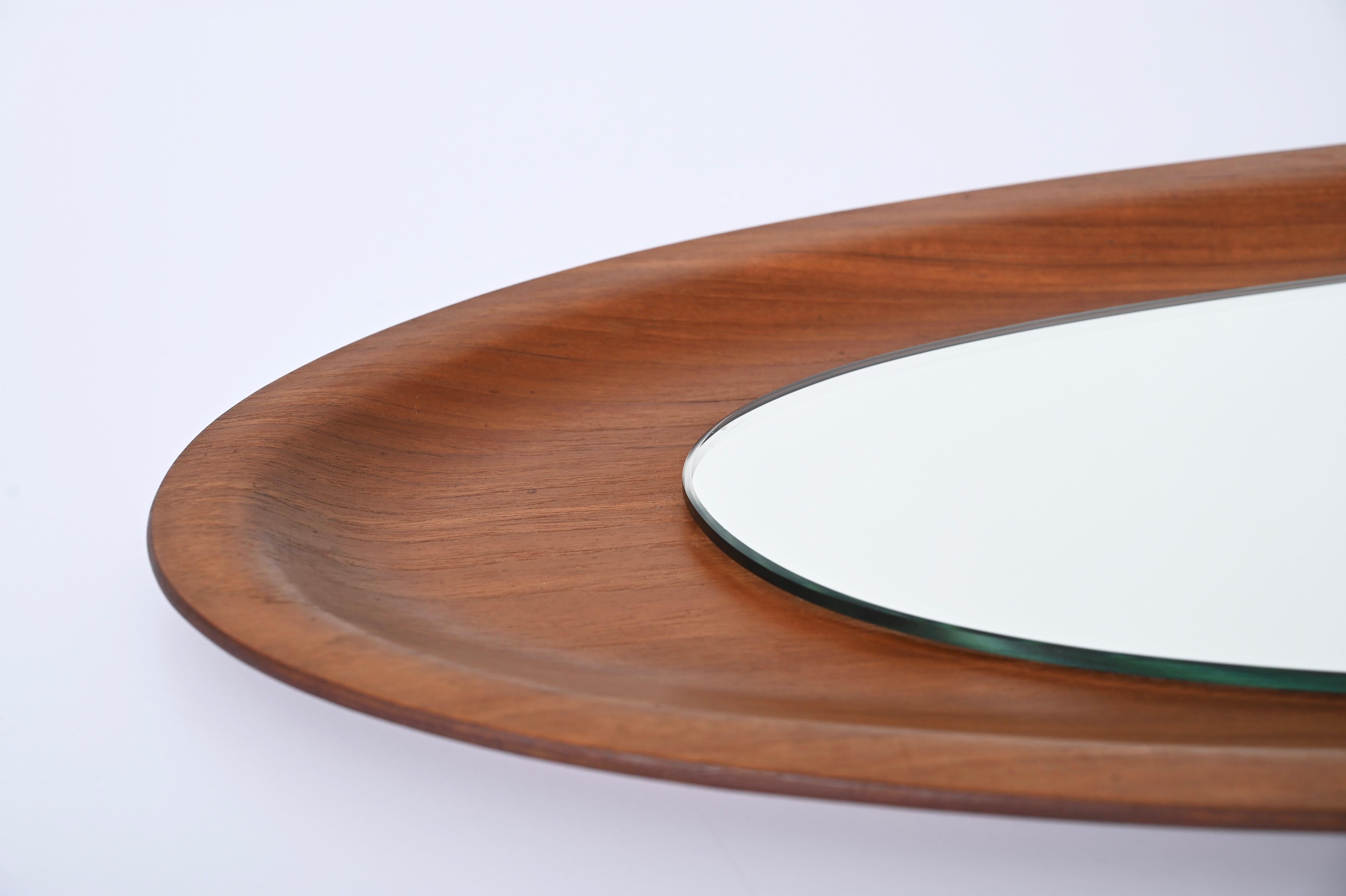Mid-Century Campo & Graffi Curved Teak Wood Oval Wall Mirror, Italy, 1960s For Sale 8