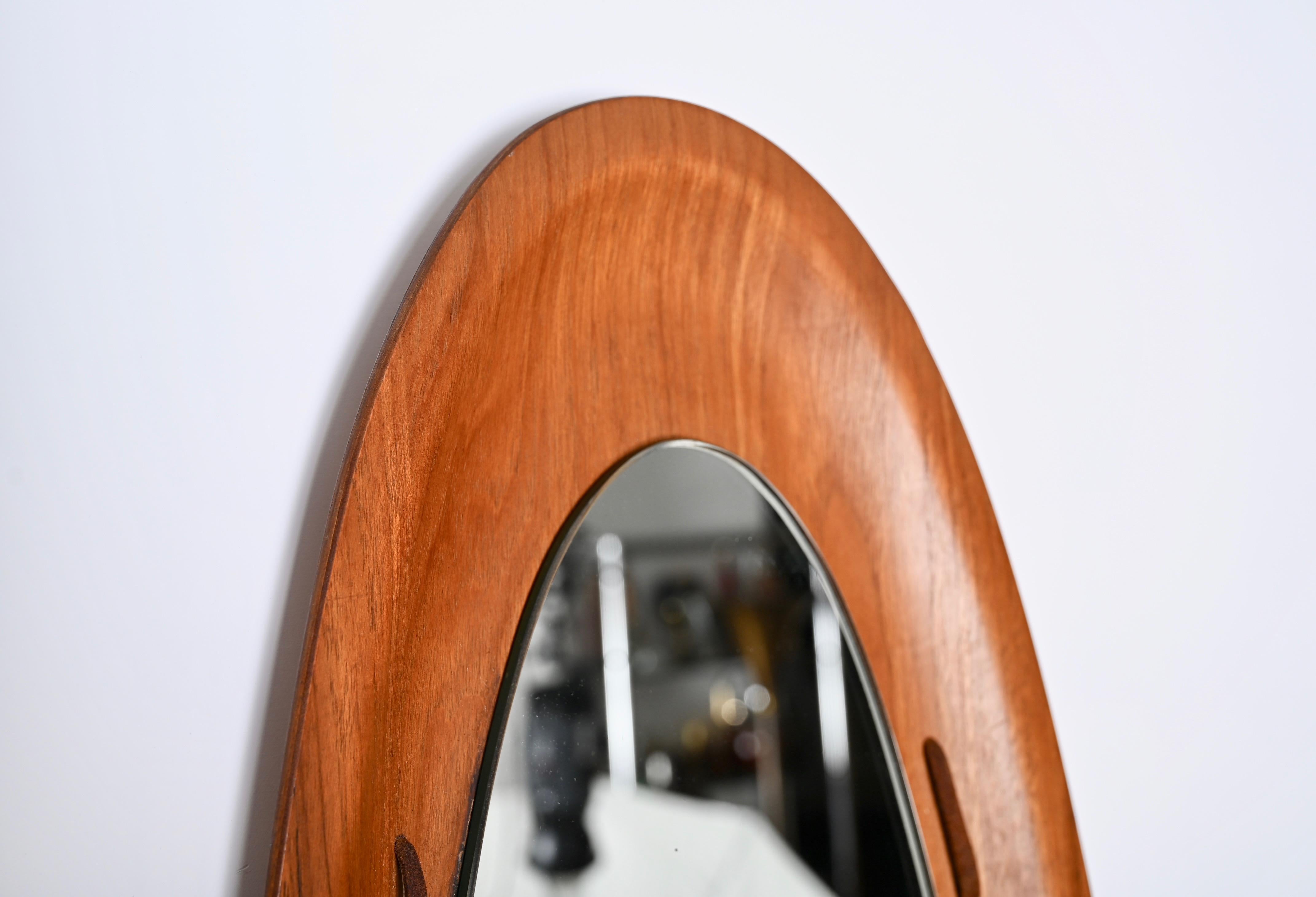 Mid-Century Modern Mid-Century Campo & Graffi Curved Teak Wood Oval Wall Mirror, Italy, 1960s For Sale