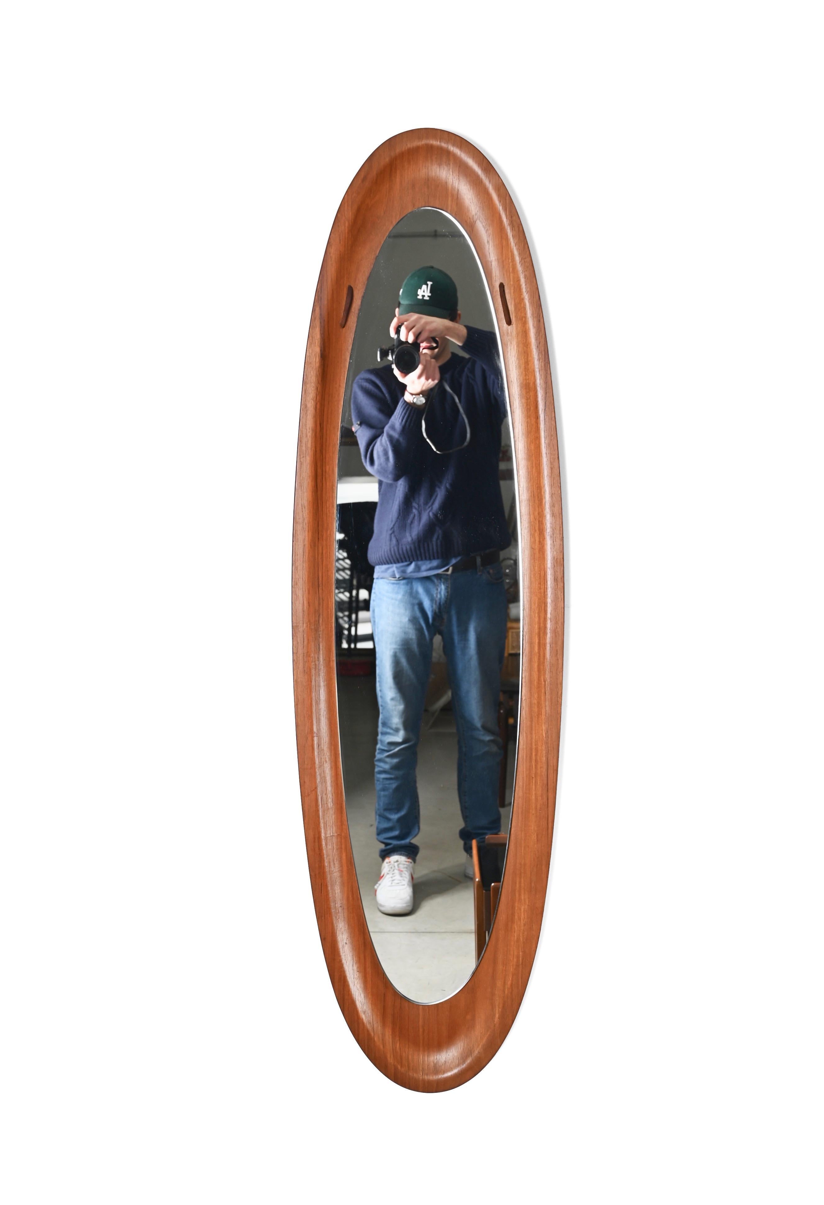 Italian Mid-Century Campo & Graffi Curved Teak Wood Oval Wall Mirror, Italy, 1960s For Sale