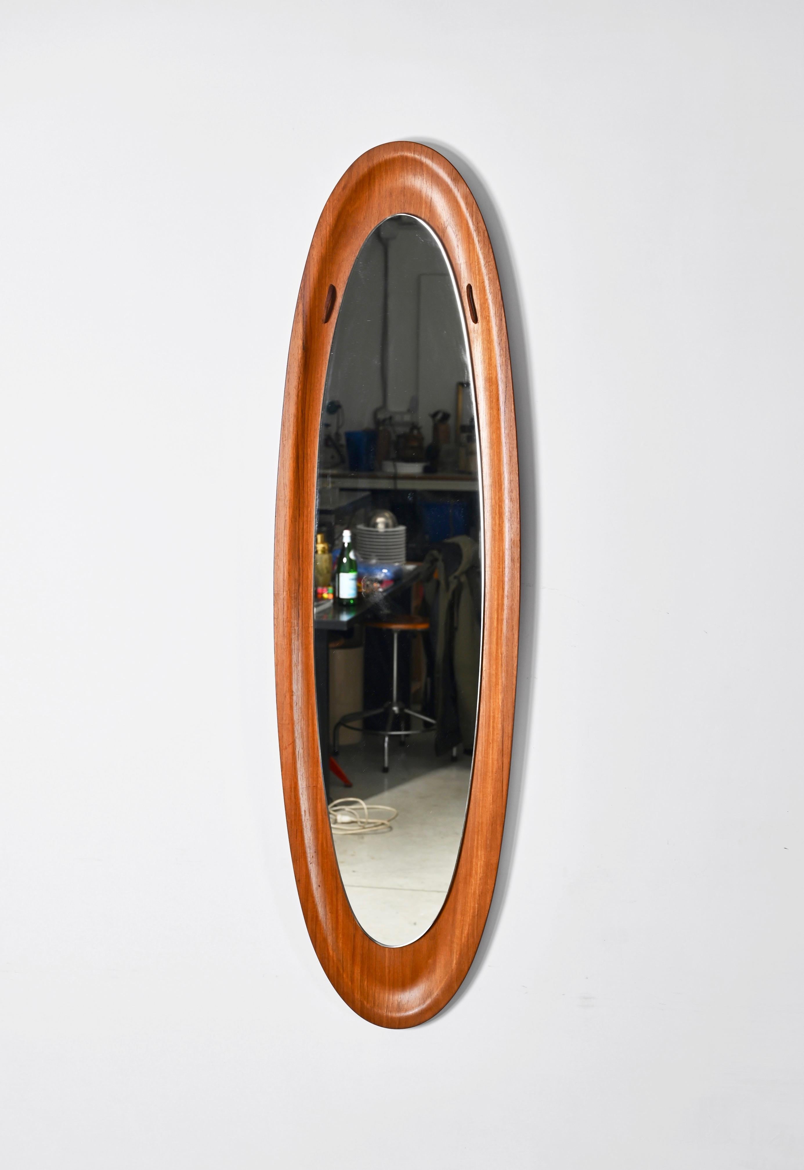 Glass Mid-Century Campo & Graffi Curved Teak Wood Oval Wall Mirror, Italy, 1960s For Sale