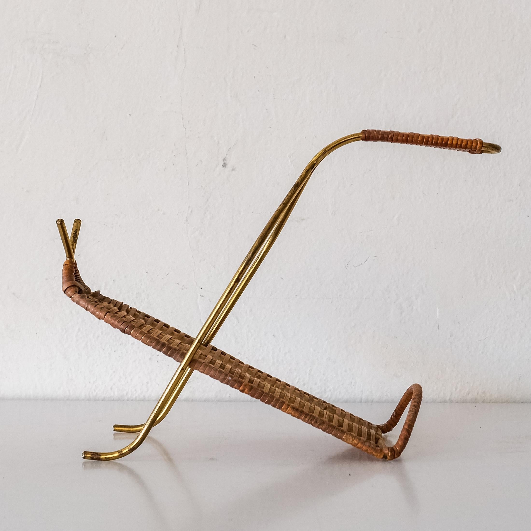 MidCentury Cane and Brass Wine Bottle Holder For Sale at 1stDibs