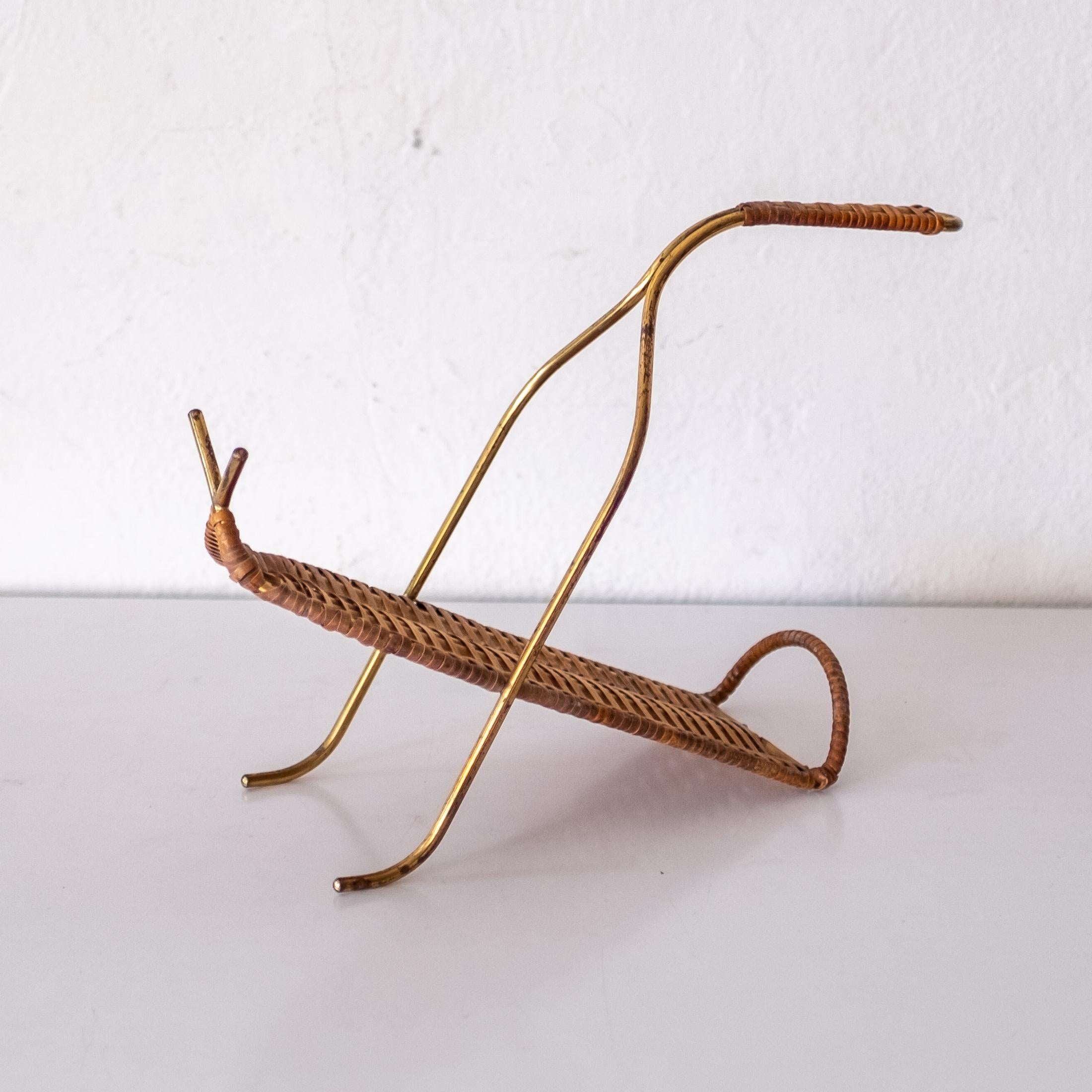 Mid-Century Cane and Brass Wine Bottle Holder In Good Condition In San Diego, CA