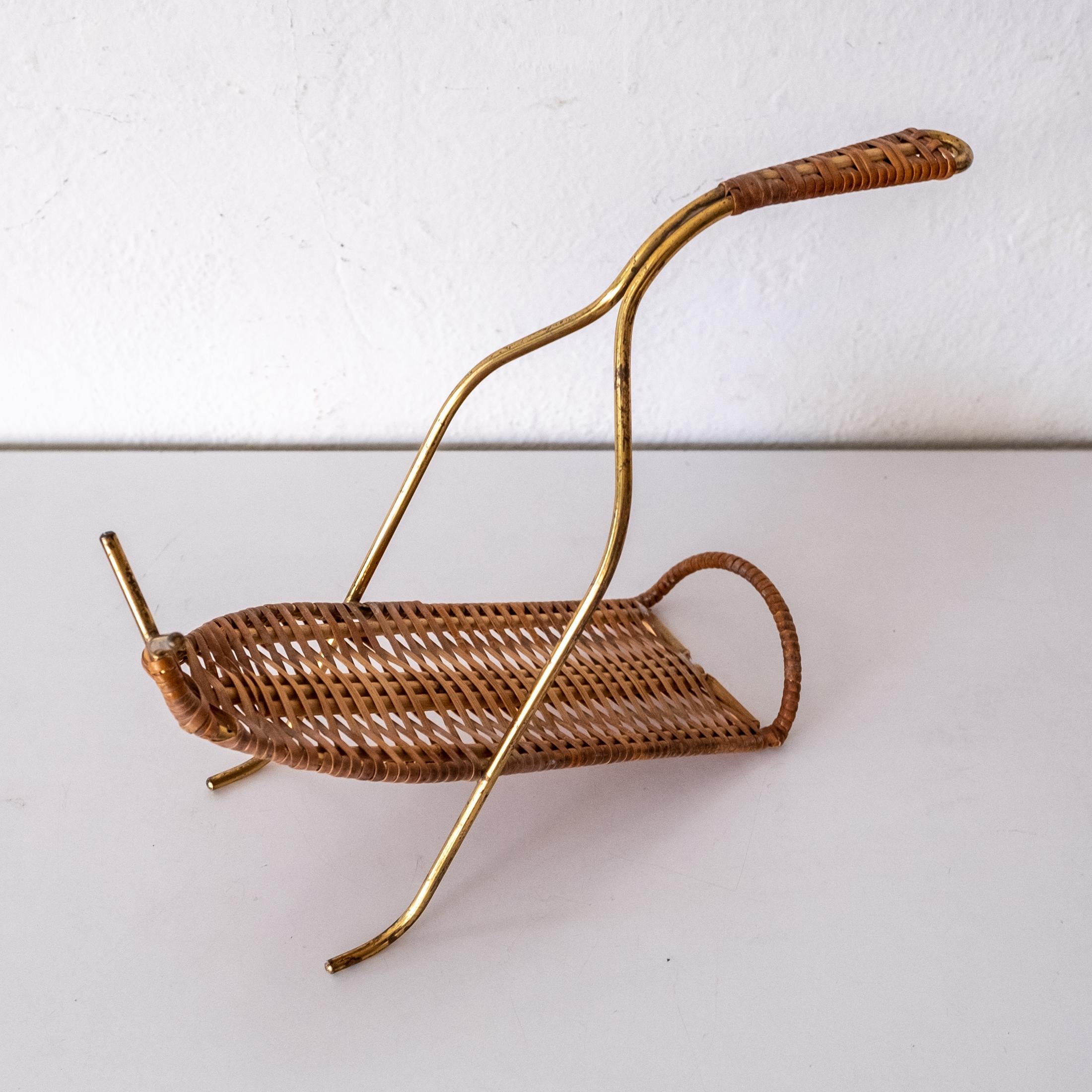 MidCentury Cane and Brass Wine Bottle Holder For Sale at 1stDibs
