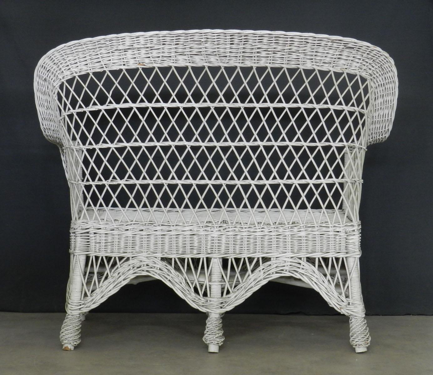 Mid-Century Modern Midcentury Cane Sofa Woven White Wicker Conservatory Patio Settee, French