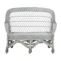 Midcentury Cane Sofa Woven White Wicker Conservatory Patio Settee, French