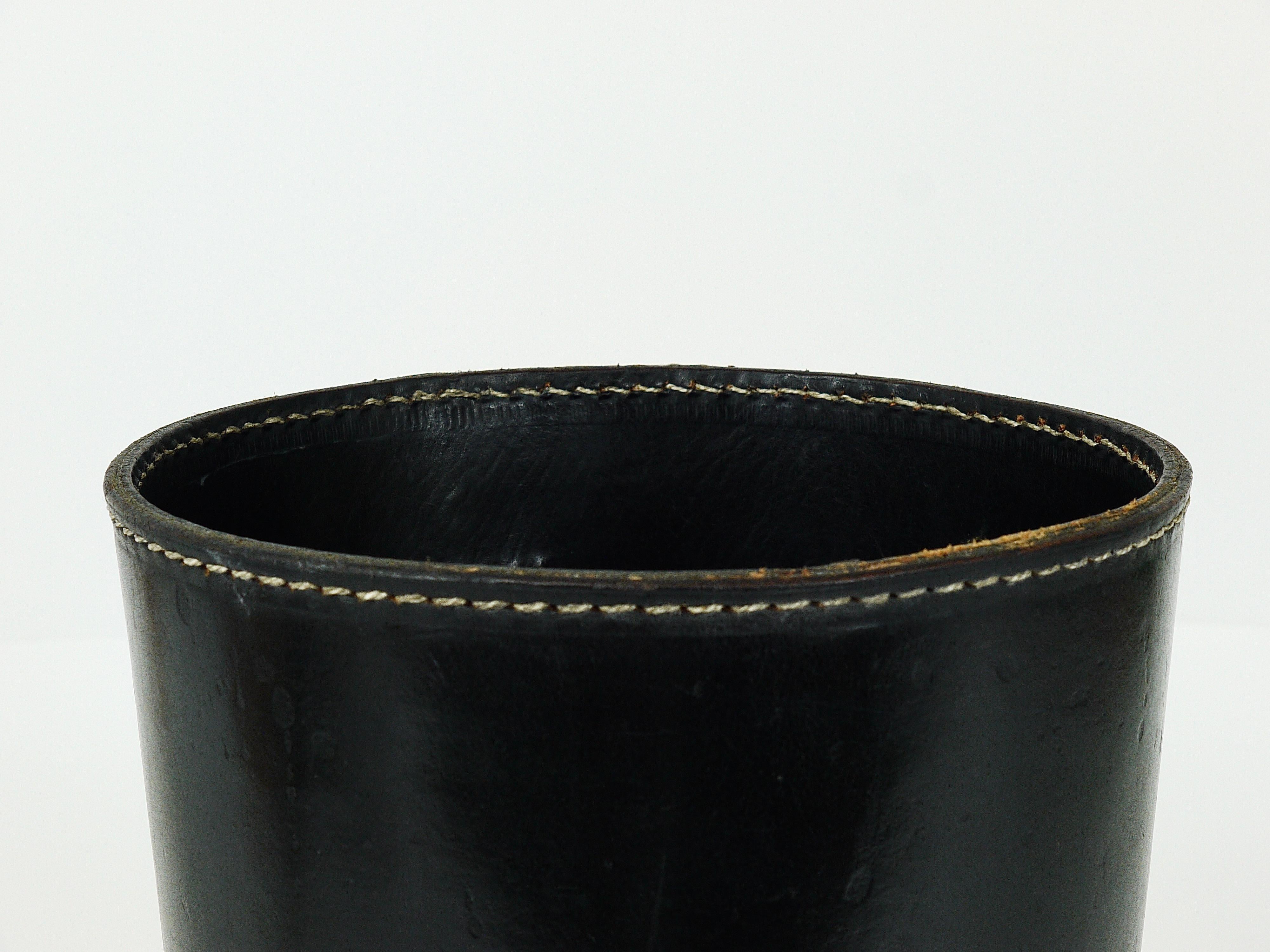 Mid-Century Carl Auböck Black Leather & Brass Wastepaper Basket, Austria, 1950s 3