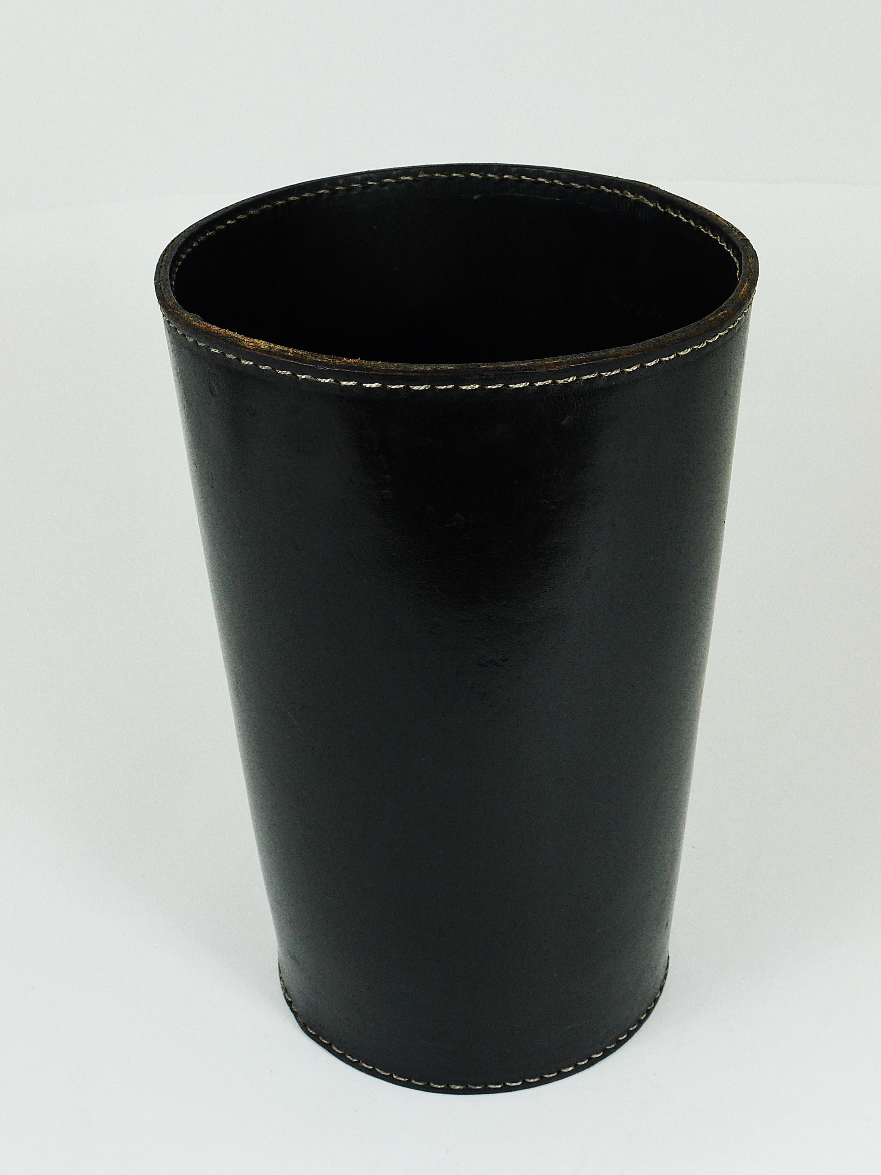 Mid-Century Carl Auböck Black Leather & Brass Wastepaper Basket, Austria, 1950s 4