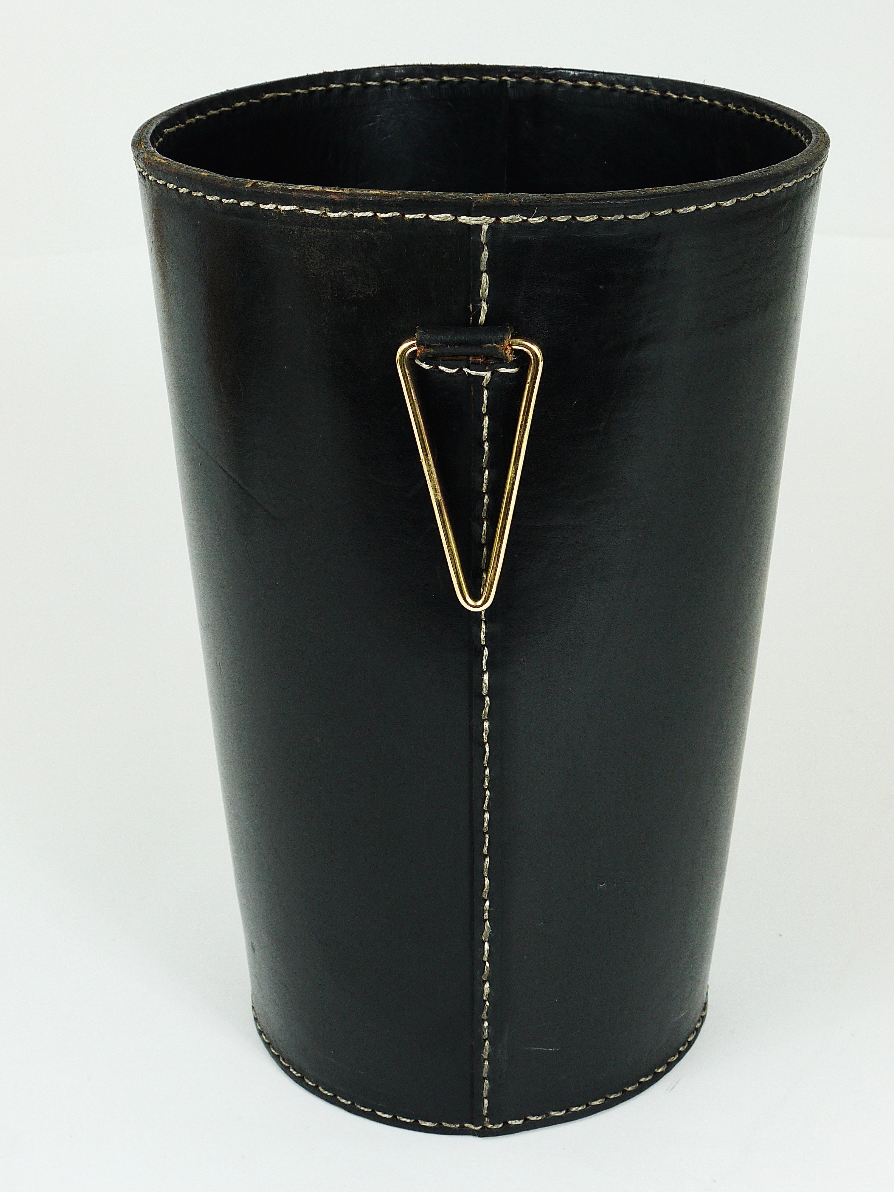 Mid-Century Carl Auböck Black Leather & Brass Wastepaper Basket, Austria, 1950s 5