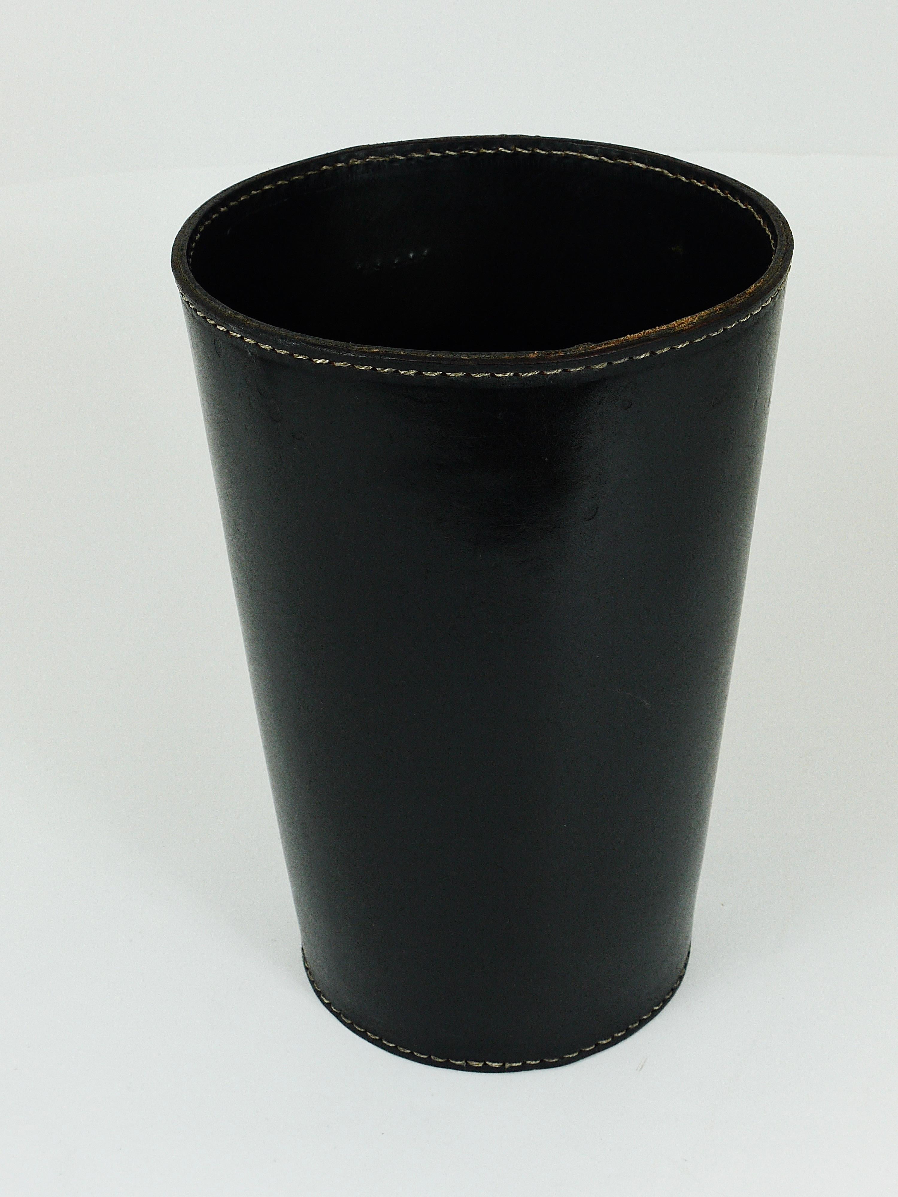 Mid-Century Carl Auböck Black Leather & Brass Wastepaper Basket, Austria, 1950s 6