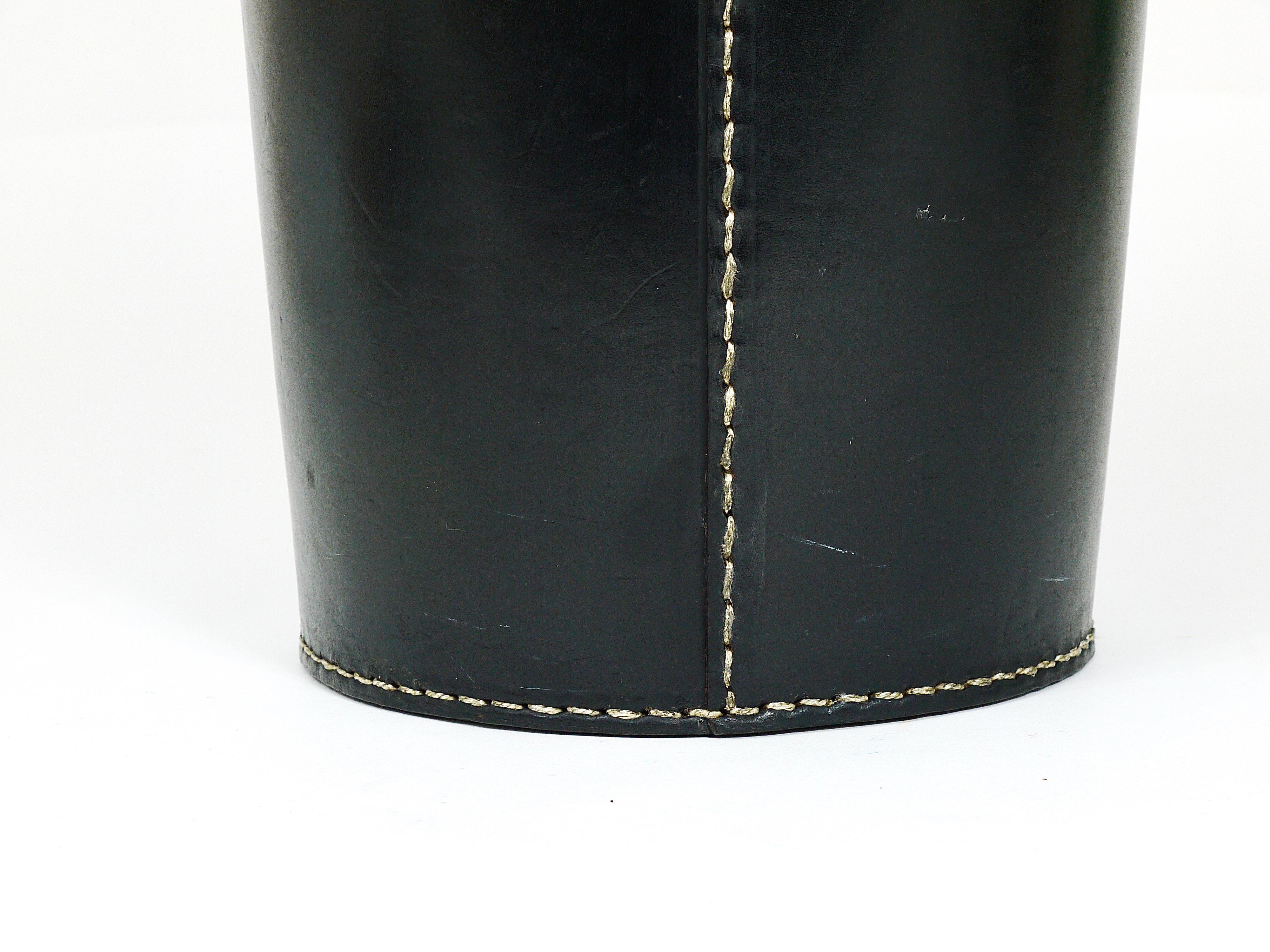 Mid-Century Carl Auböck Black Leather & Brass Wastepaper Basket, Austria, 1950s 7