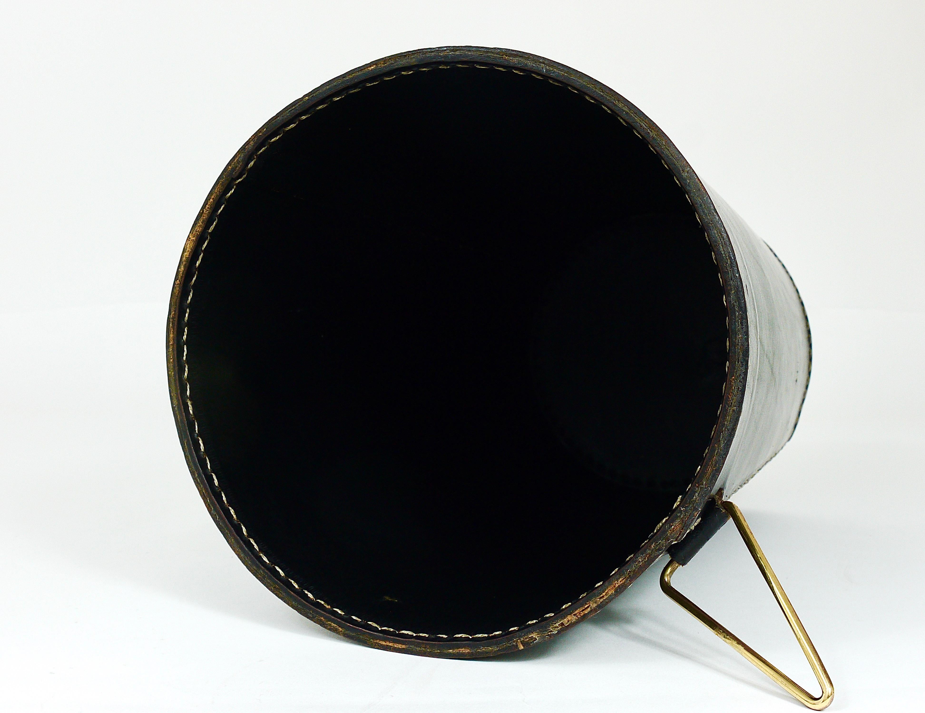 Mid-Century Carl Auböck Black Leather & Brass Wastepaper Basket, Austria, 1950s 8