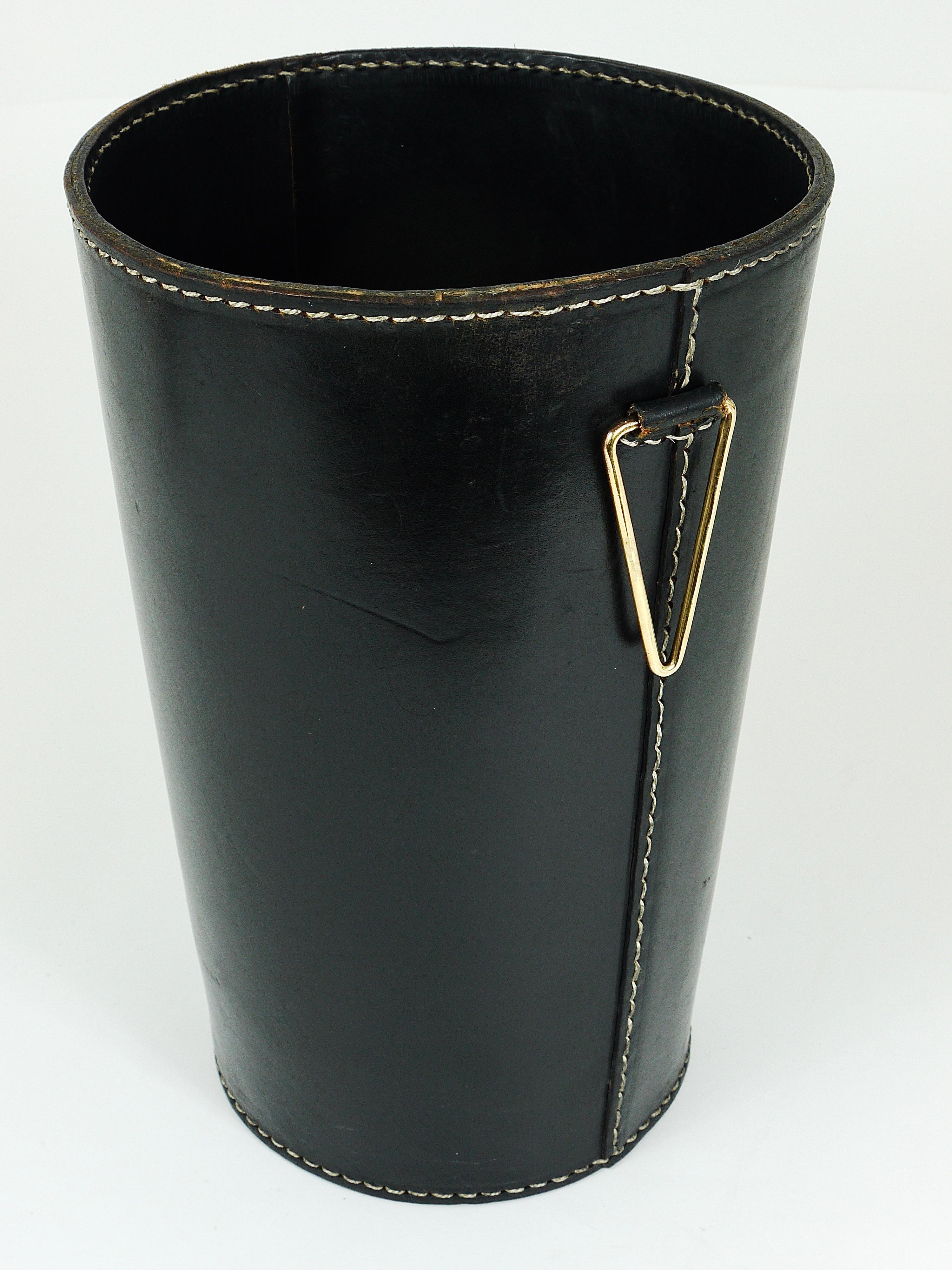 Mid-Century Carl Auböck Black Leather & Brass Wastepaper Basket, Austria, 1950s 10