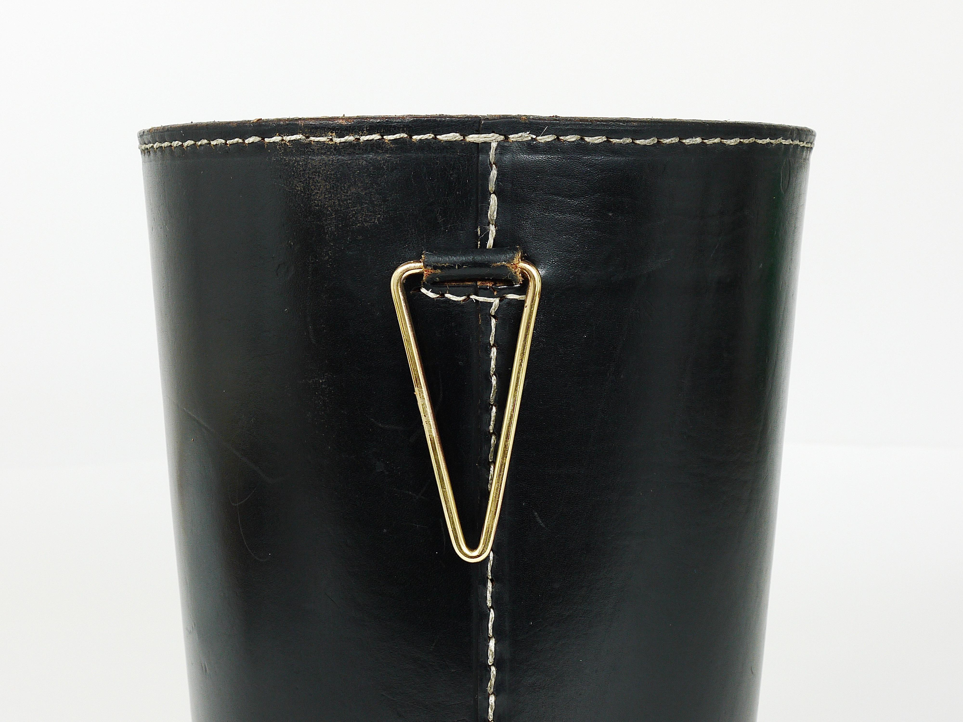 Mid-Century Modern Mid-Century Carl Auböck Black Leather & Brass Wastepaper Basket, Austria, 1950s