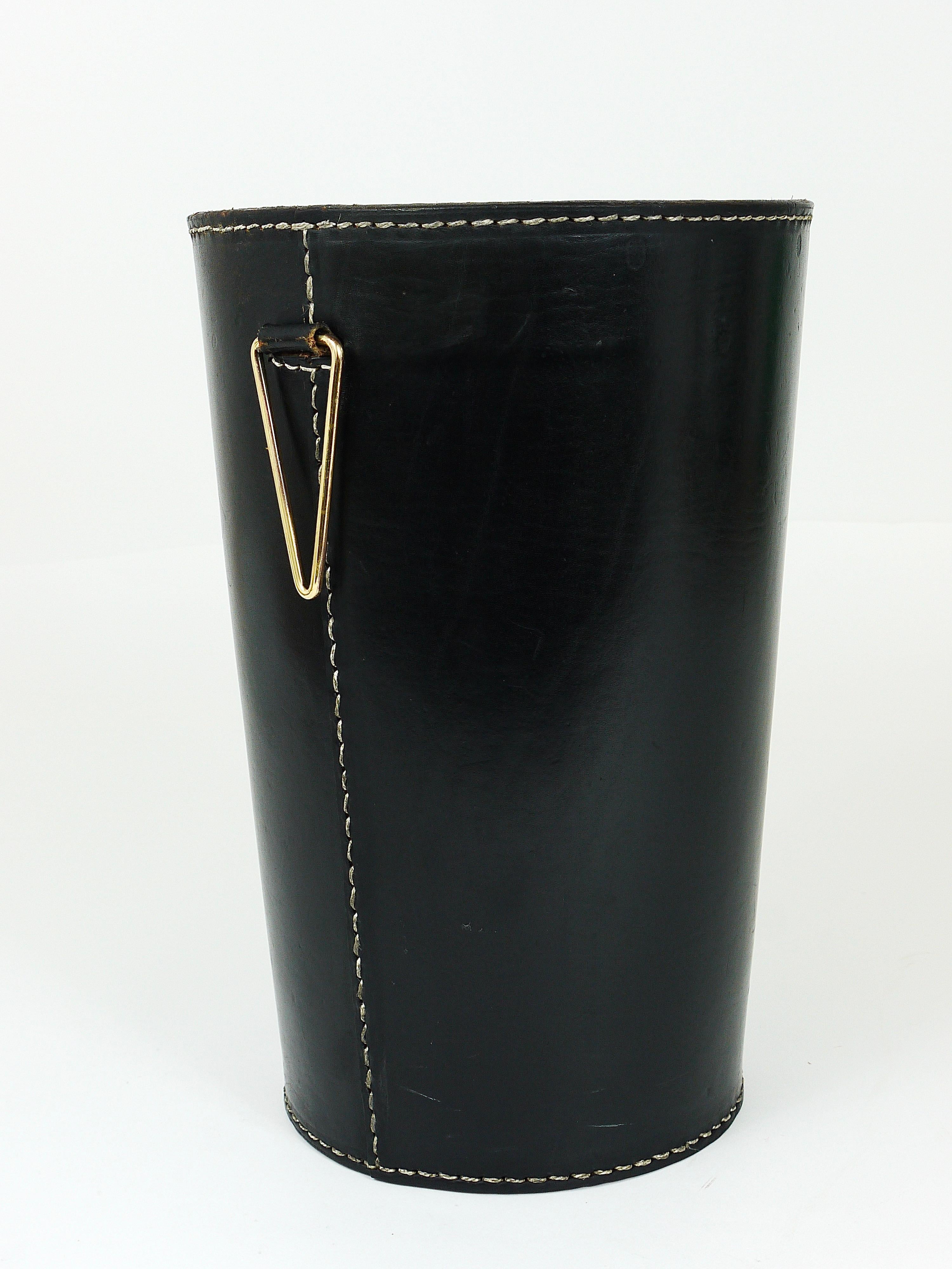 Austrian Mid-Century Carl Auböck Black Leather & Brass Wastepaper Basket, Austria, 1950s