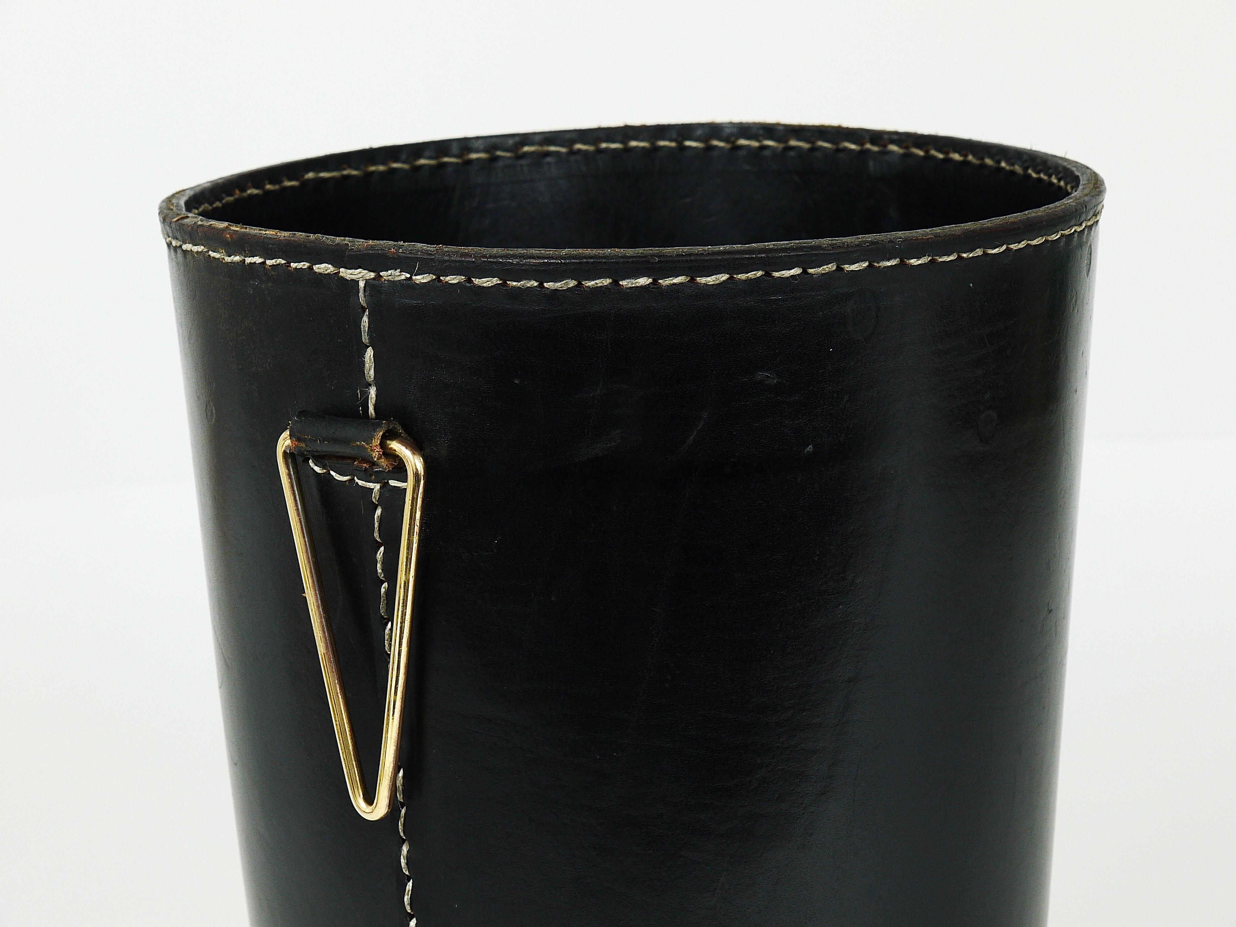 20th Century Mid-Century Carl Auböck Black Leather & Brass Wastepaper Basket, Austria, 1950s