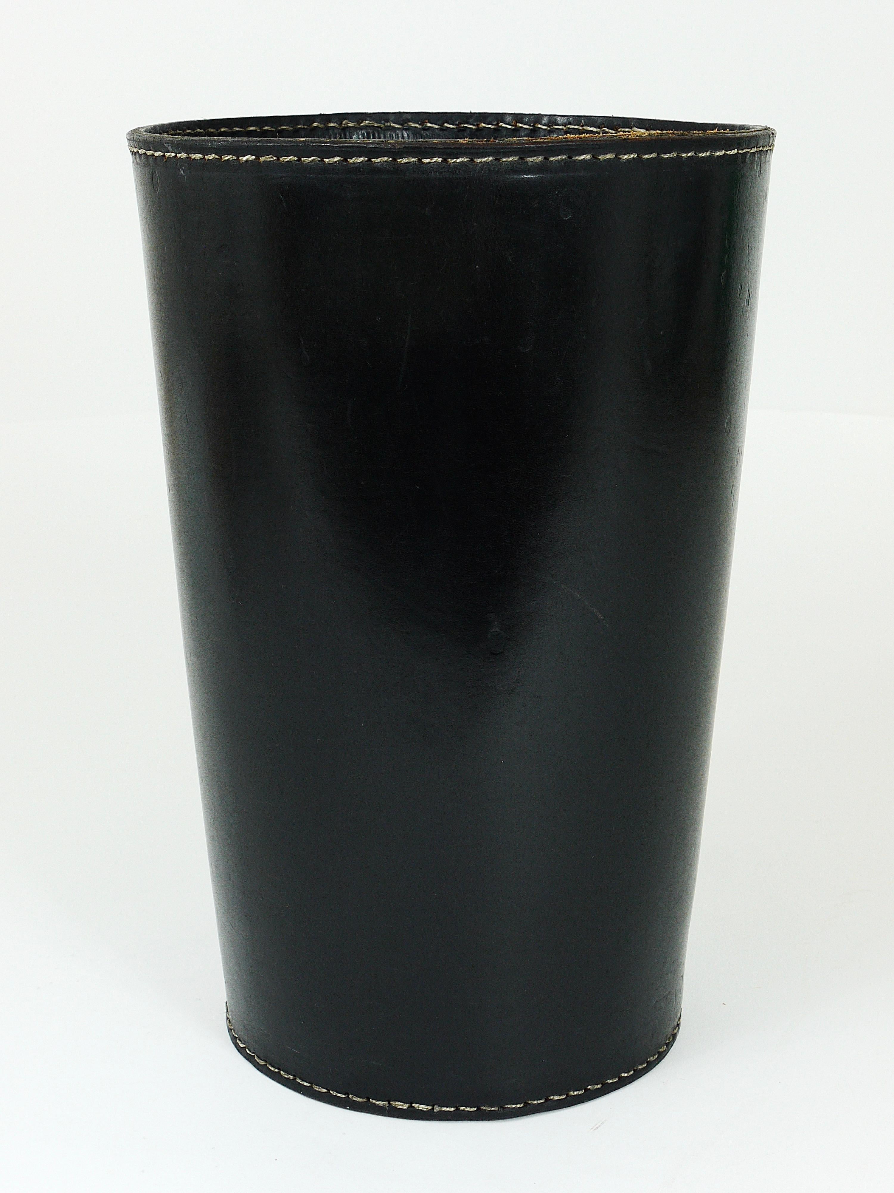 Mid-Century Carl Auböck Black Leather & Brass Wastepaper Basket, Austria, 1950s 2