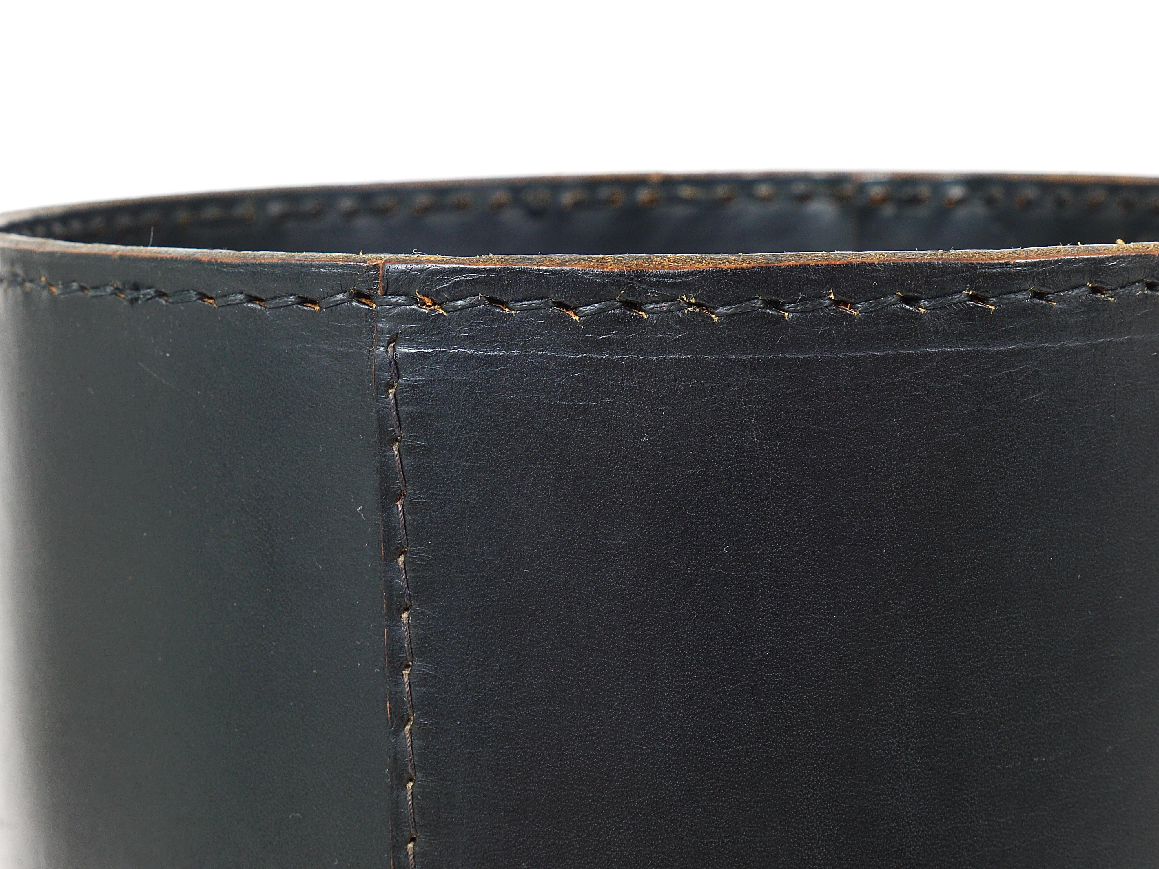 Mid-Century Modern Midcentury Carl Auböck Black Leather Wastepaper Basket, Austria, 1950s