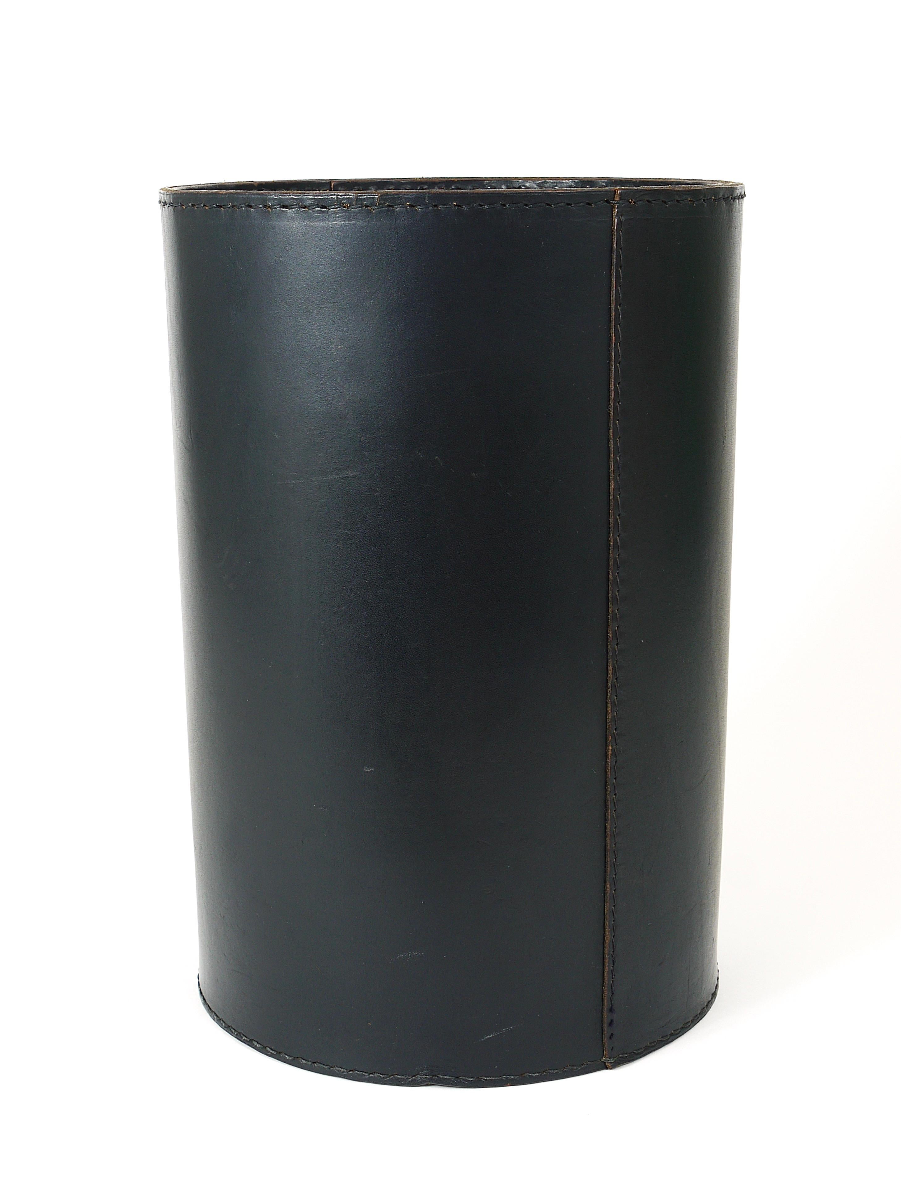 Austrian Midcentury Carl Auböck Black Leather Wastepaper Basket, Austria, 1950s